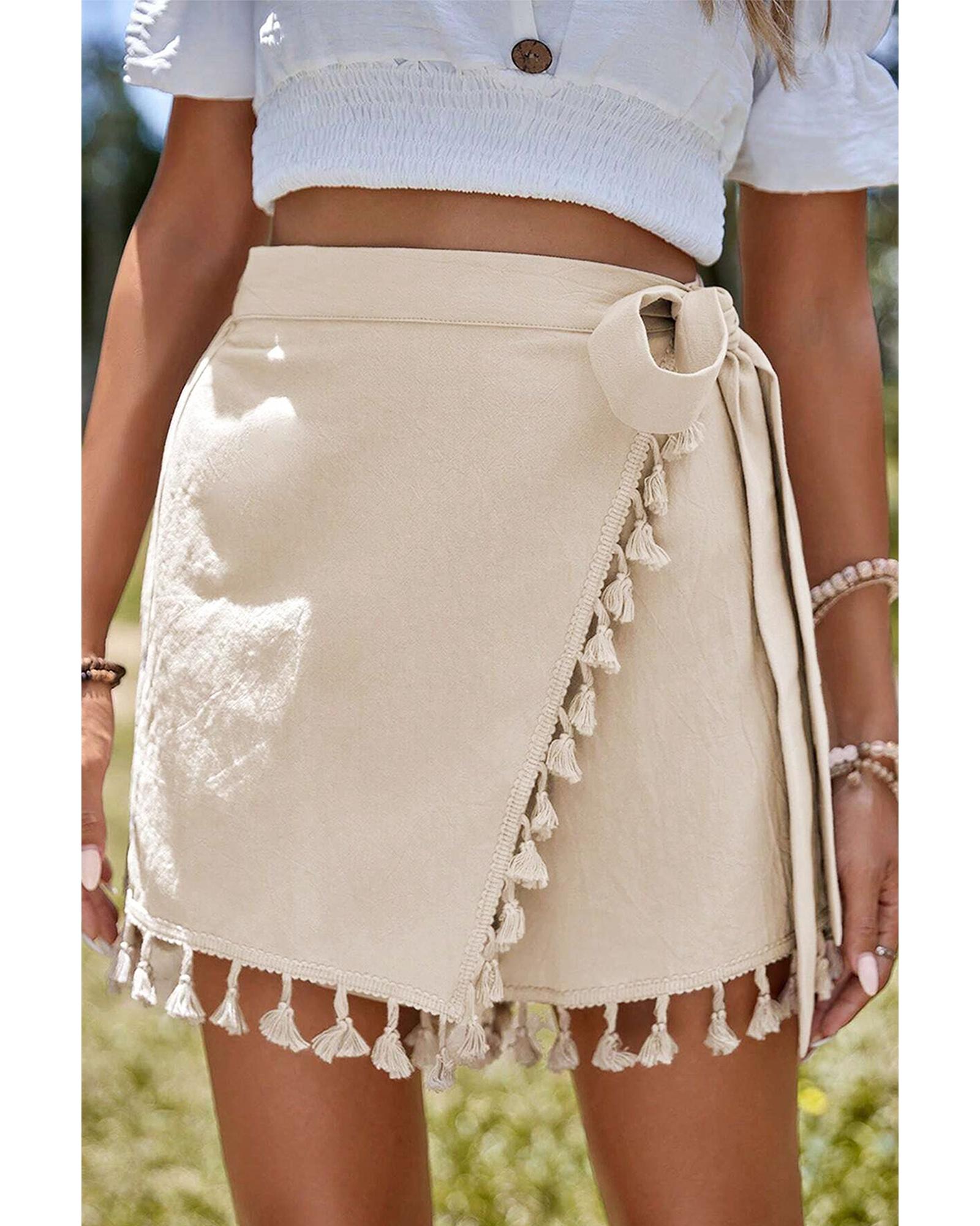 V539-AZEXDC731895-P18-M-202508301720-00 Apricot Tassel Trim Wrap Knot Side Bohemian Style Mini Skort - M - Image 1