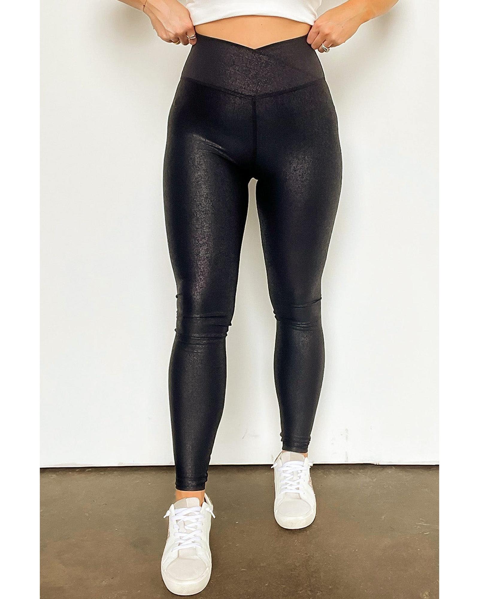 V539-AZEXDC761401-P2-L-202508310025-00 Black Crossed Dip Waist Sleek Leather Leggings - L - Image 1