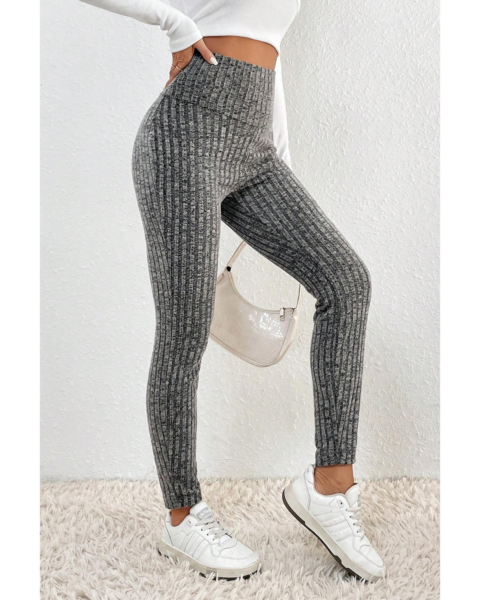 V539-AZEXDC761454-P11-L-202508300715-00 Gray Wide Waistband Ribbed Textured Knit Leggings - L - Image 1