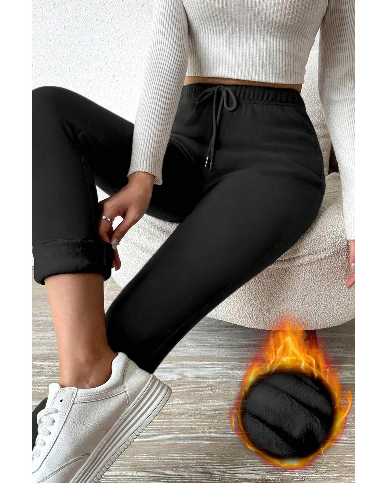 V539-AZEXDC761485-P2-L-202508301300-00 Black Thermal Lined Drawstring High Waist Leggings - L - Image 1