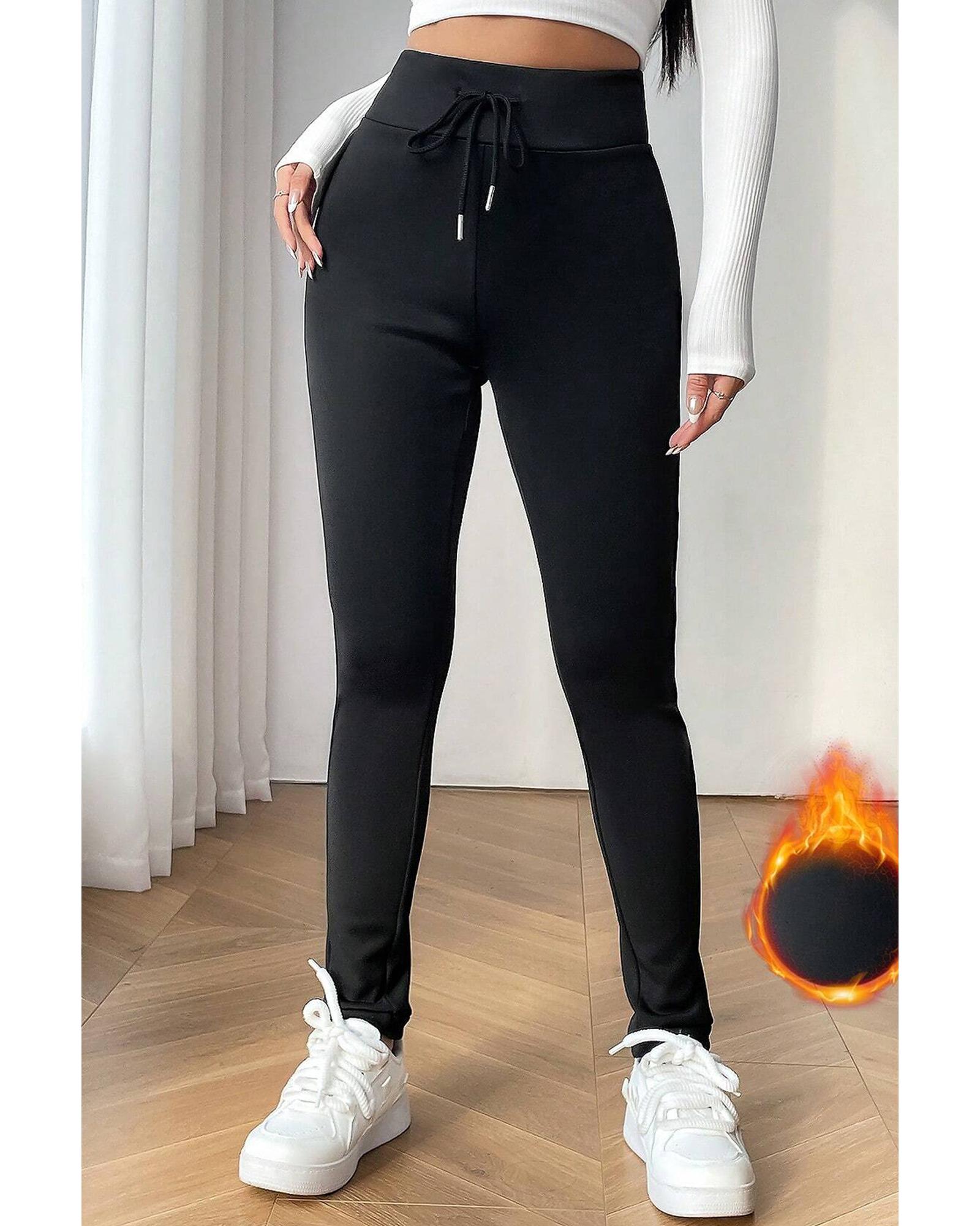 V539-AZEXDC761489-P2-M-202508310011-00 Black Solid Drawstring Waist Thermal Lined Leggings - M - Image 1