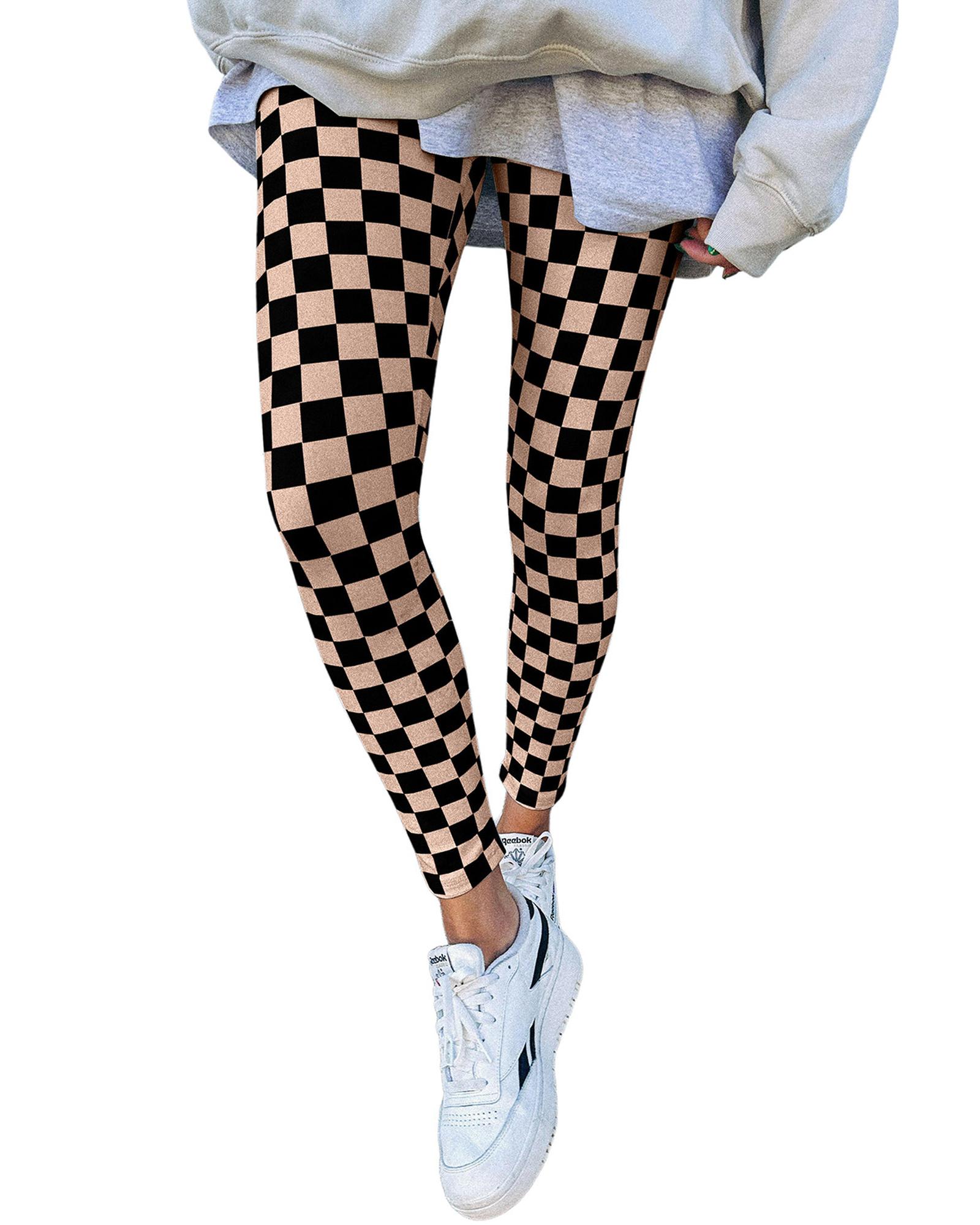 V539-AZEXDC761585-P1620-S-202506150811-00 Khaki Checkered Pattern High Waist Skinny Leggings - S - Image 1