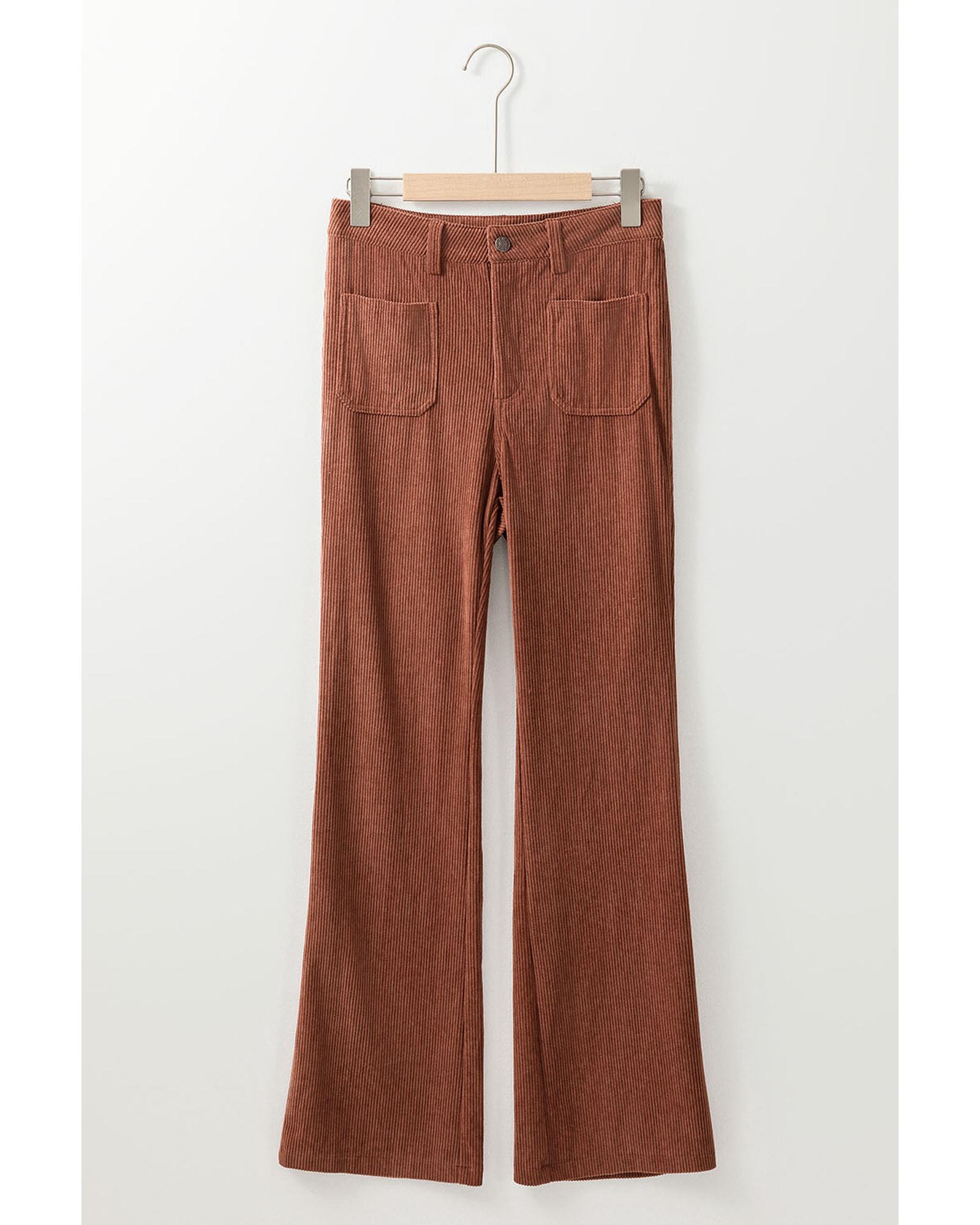 V539-AZEXDC7712044-17-L-202508291710-00 Brown High Waist Square Pockets Corduroy Pants - L - Image 1