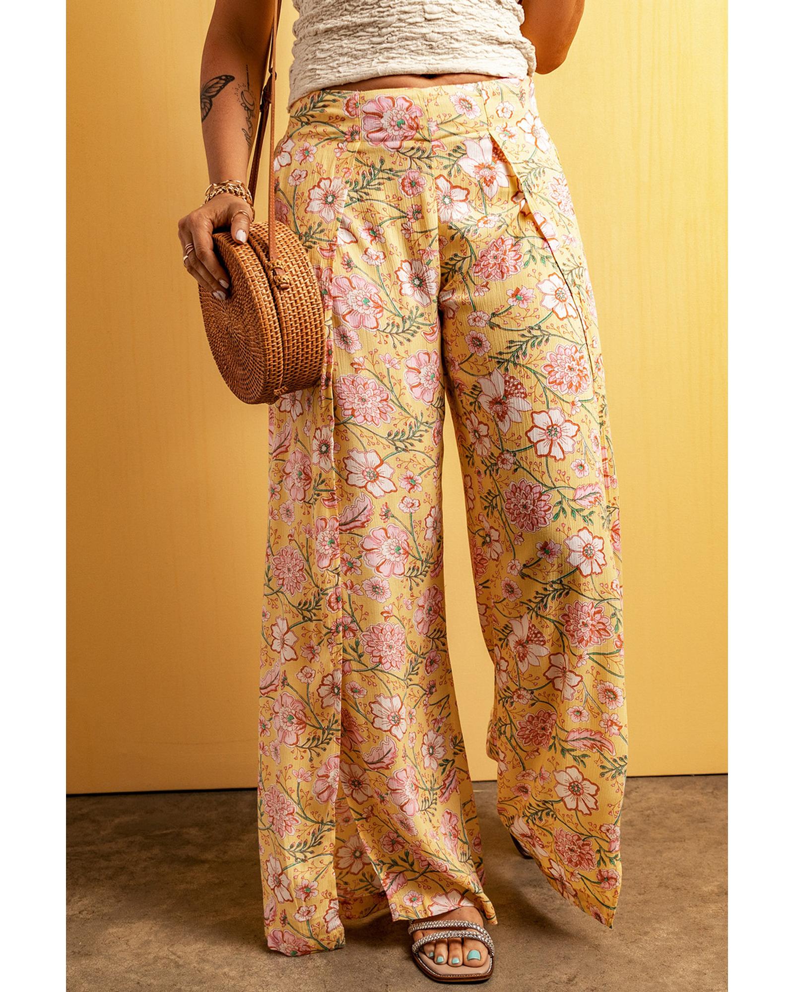 V539-AZEXDC7712228-7-M-202508282120-00 Yellow Floral Print High Slit Wide Leg Pants - M - Image 1