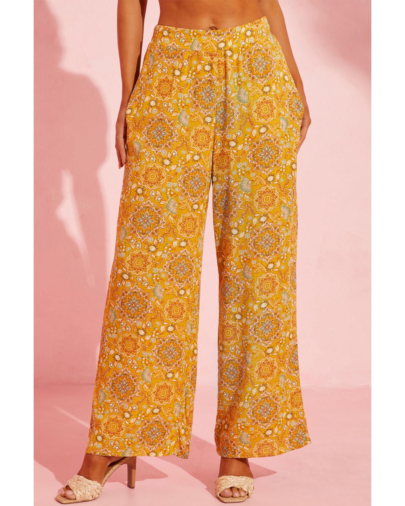 Yellow Bohemian Floral Print Pocketed Wide Leg Pants - L