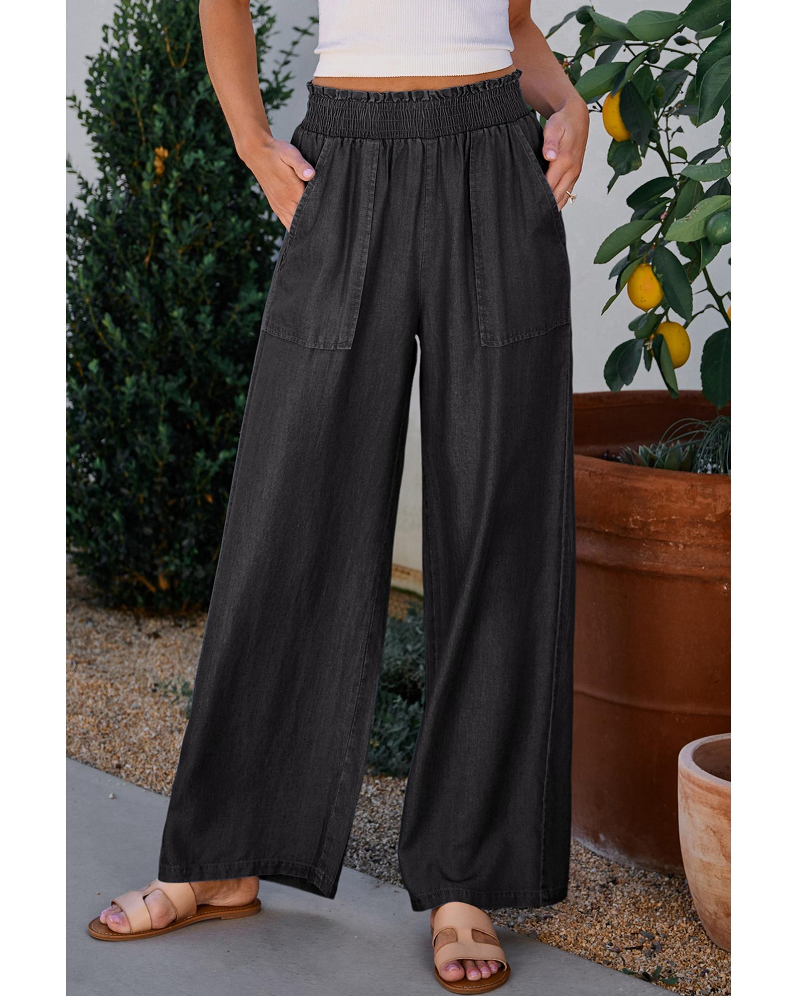V539-AZEXDC7712517-P2-2XL-202506150922-00 Black Side Pockets Frilled Smocked High Waist Wide Leg Jeans - 2XL - Image 1