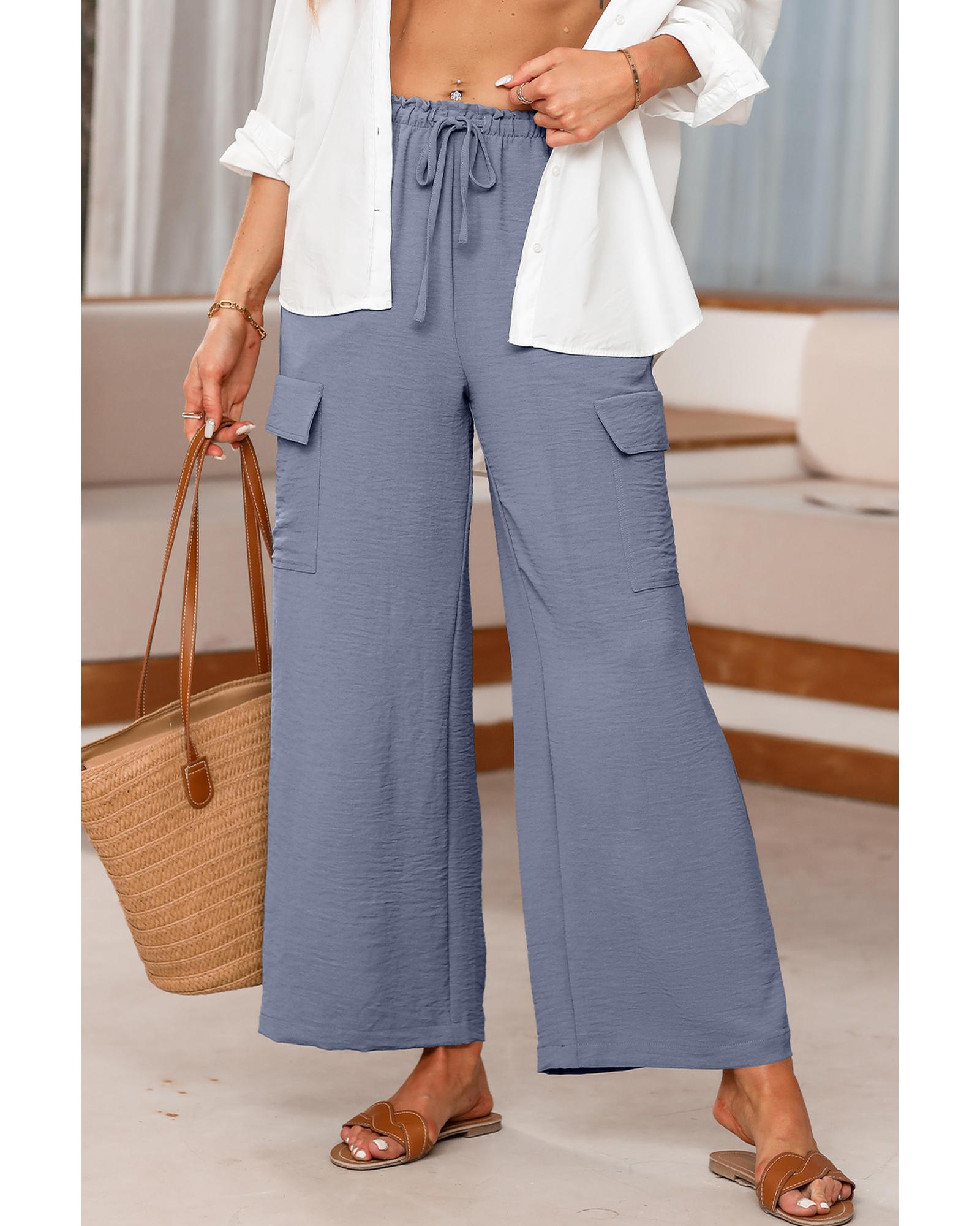 V539-AZEXDC7712579-P2011-M-202508300115-00 Dark Grey Drawstring Frilled Waist Wide Leg Utility Trousers - M - Image 1