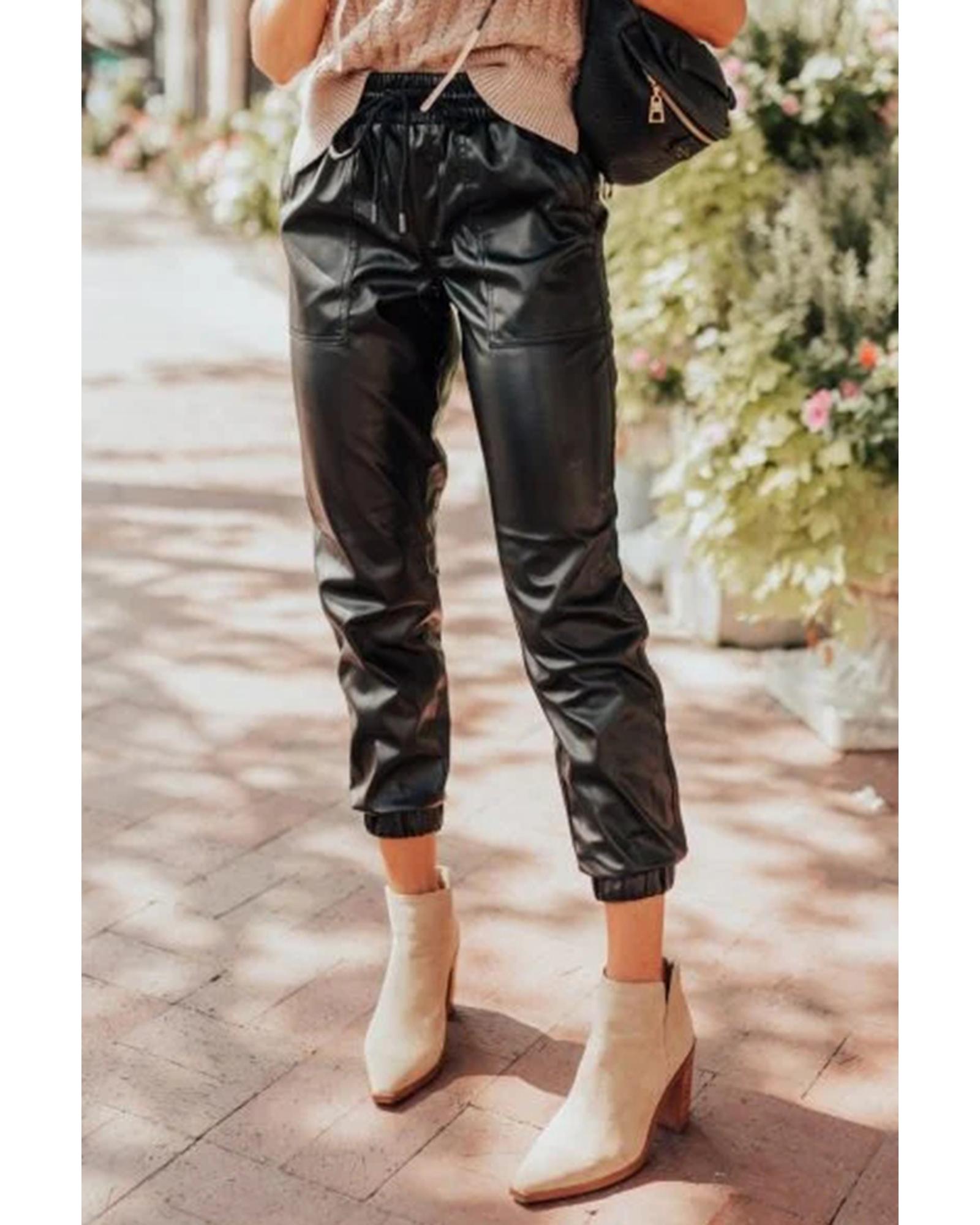 V539-AZEXDC7712894-P2-XL-202508281405-00 Black Faux Leather Ankle Smocked Waist Drawstring Joggers - XL - Image 1