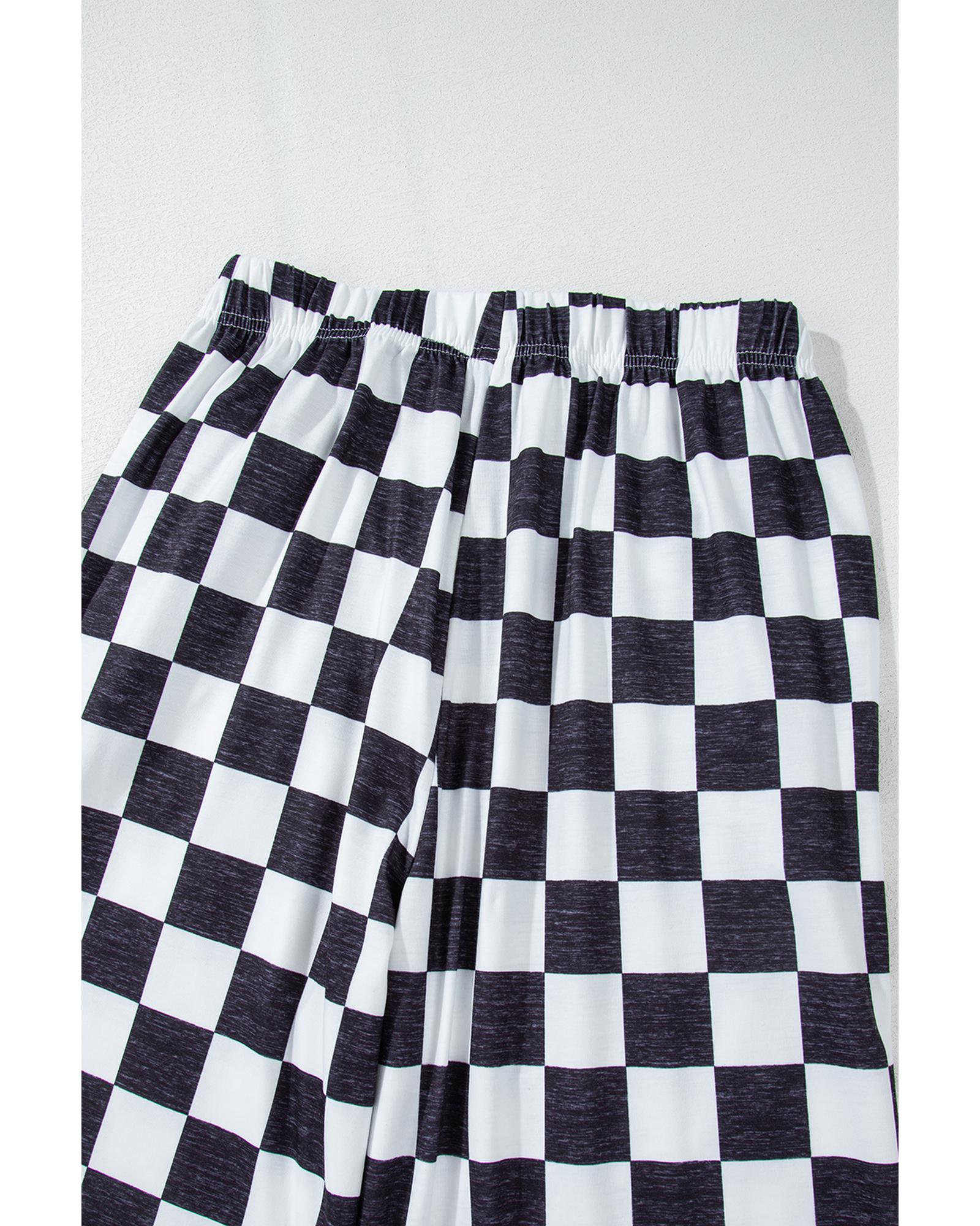 Black 2-Tone Checked Print High Waist Wide Leg Pants - L