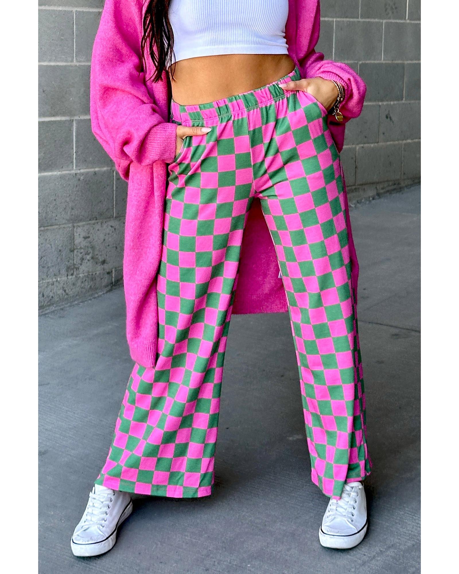 V539-AZEXDC7712900-P922-M-202508301430-00 Green 2-Tone Checked Print High Waist Wide Leg Pants - M - Image 1