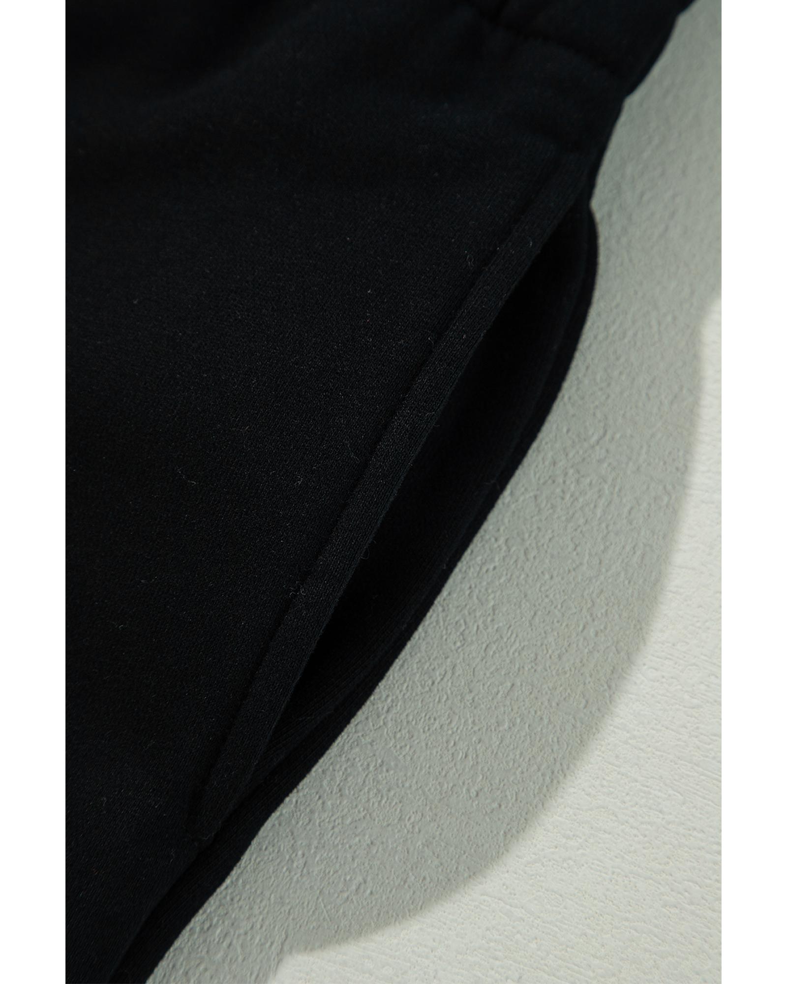 V539-AZEXDC7713058-P2-M-202506151021-00 Black Solid Color Fleece Lined Drawstring Waist Casual Pants - M - Image 1