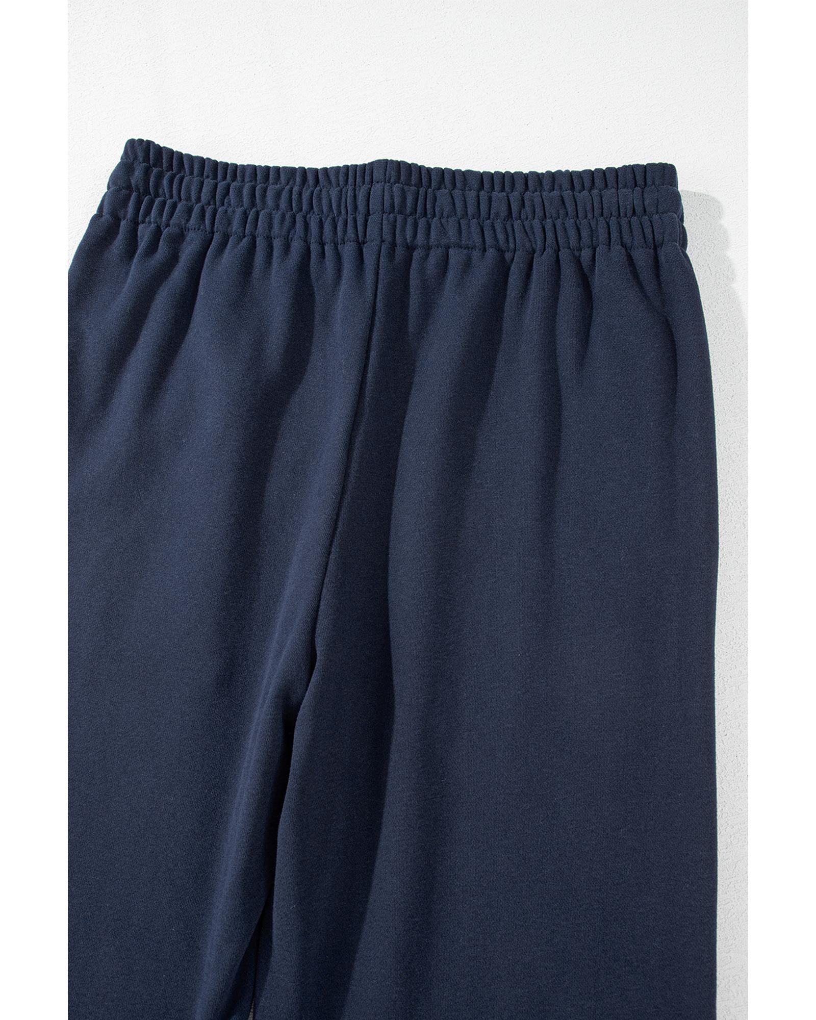 V539-AZEXDC7713058-P605-L-202508301105-00 Navy Blue Solid Color Fleece Lined Drawstring Waist Casual Pants - L - Image 1