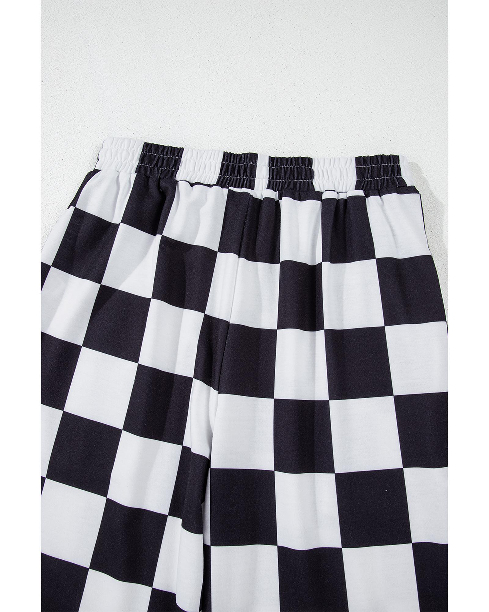 V539-AZEXDC7713185-P220-S-202506150722-00 Black Checkerboard Elastic Waist Pocketed Joggers - S - Image 1