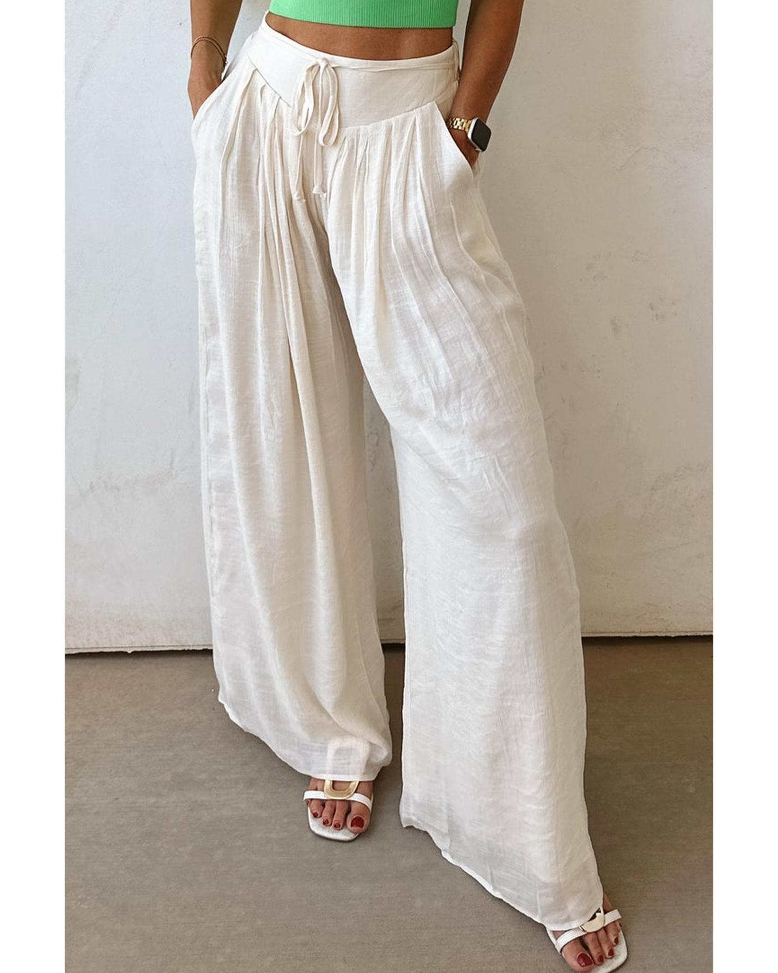 V539-AZEXDC7713368-P101-XL-202508301505-00 White Casual Tie Waist Pleated Wide Leg Pants - XL - Image 1