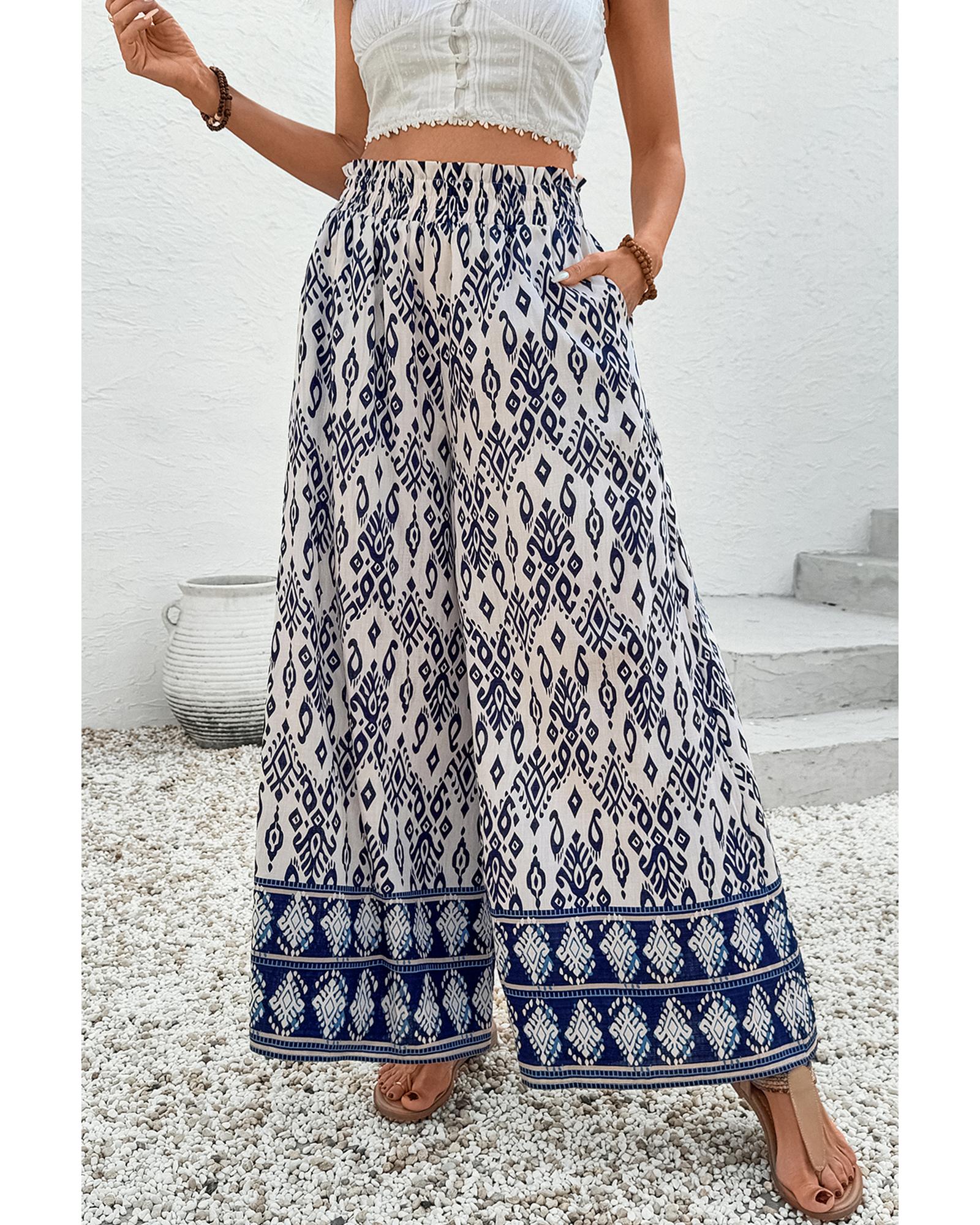 V539-AZEXDC7713386-P520-XL-202508280655-00 Blue Boho Pattern Print High Waist Wide Leg Loose Pants - XL - Image 1