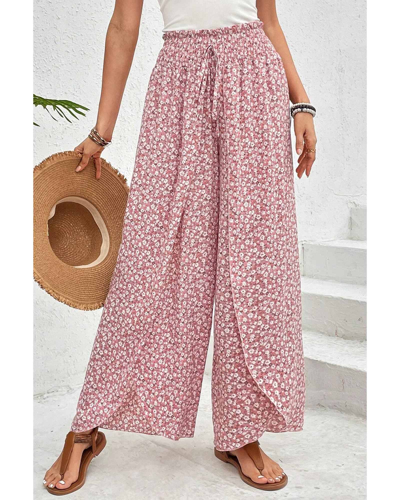 V539-AZEXDC7713430-P1020-L-202508280925-00 Pink Bohemian Print Slit Wide Leg Smocked High Waist Pants - L - Image 1