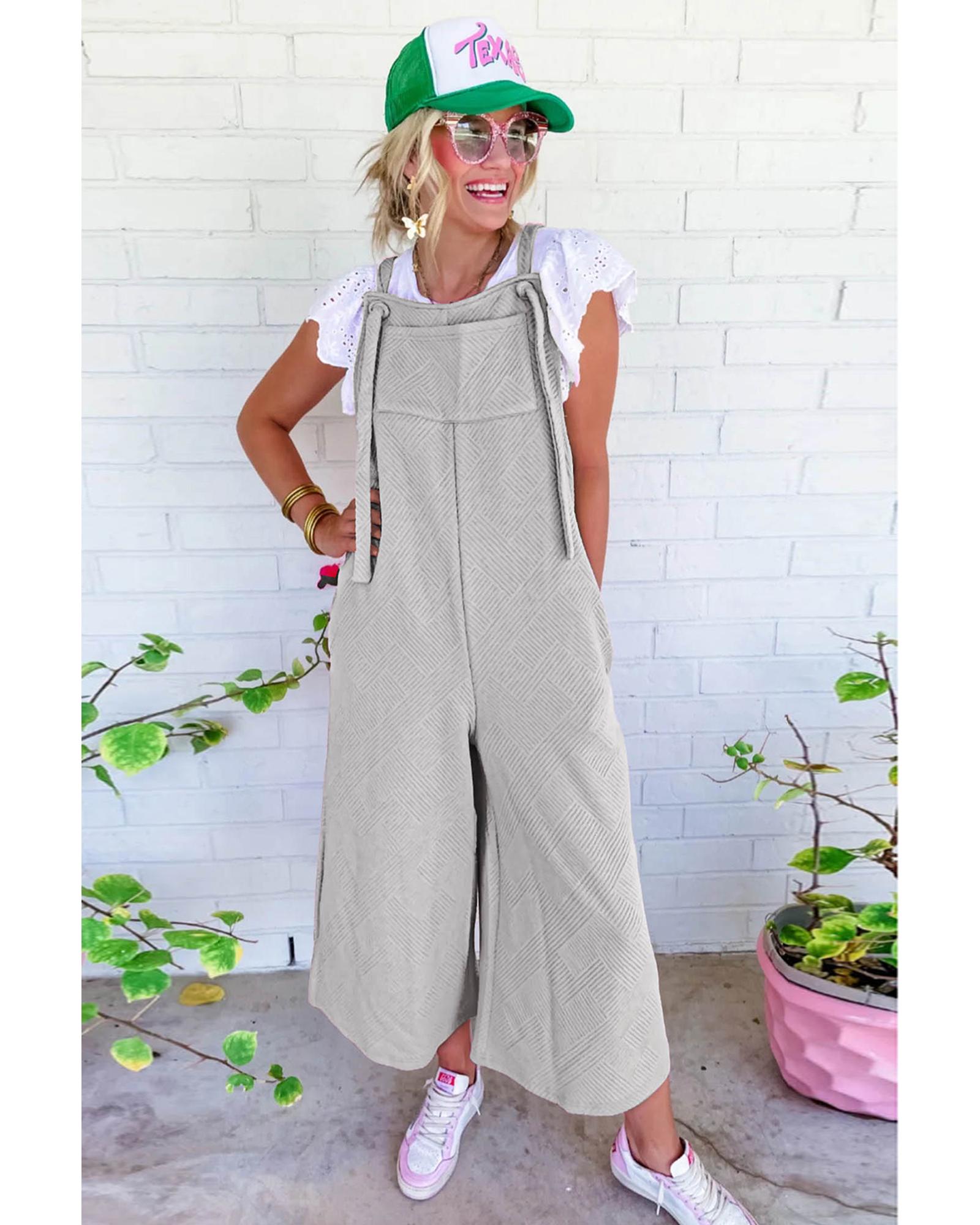 V539-AZEXDC7721025-P1011-M-202506150812-00 Light Grey Textured Self-Tie Strap Wide-Leg Overalls - M - Image 1