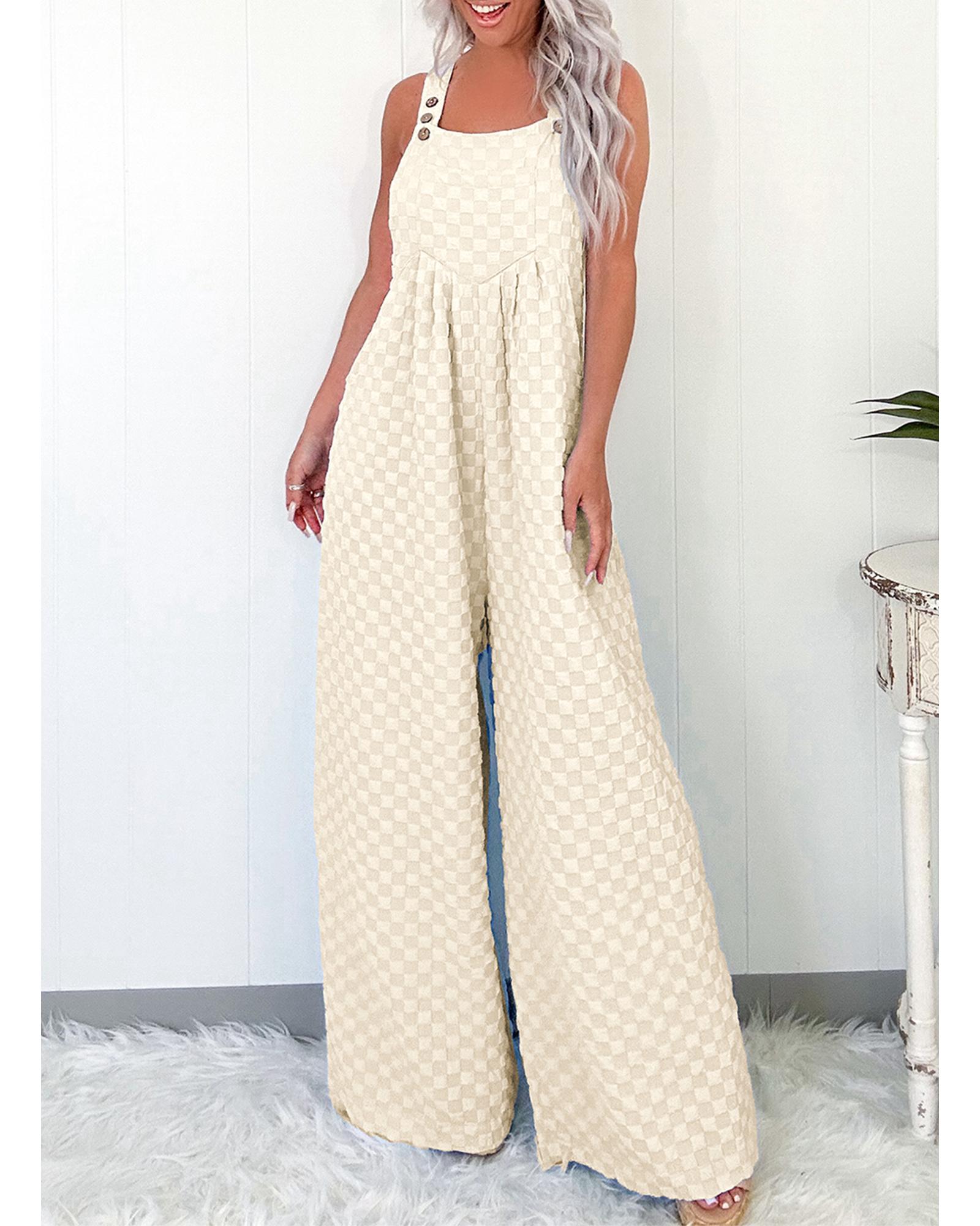 V539-AZEXDC7721088-P15-XL-202508281105-00 Beige Checkered Pocketed High Waist Wide Leg Overall - XL - Image 1