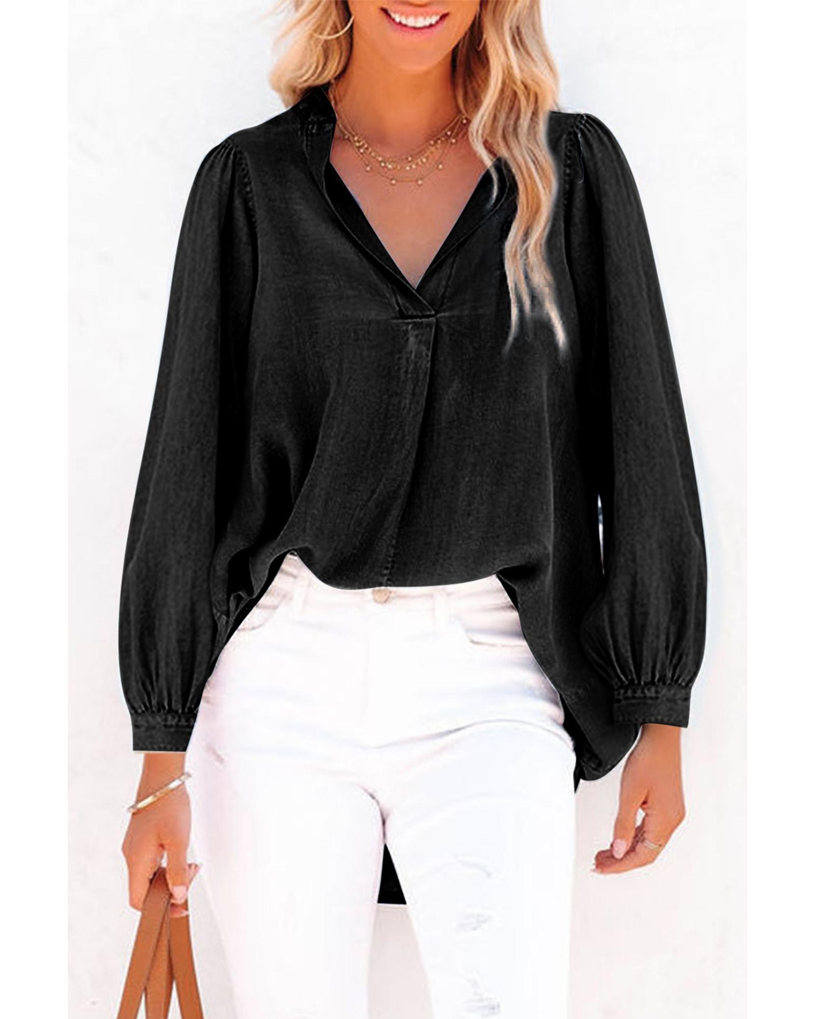 V539-AZEXDC7821107-P2-L-202506150937-00 Black Split V-Neck Balloon Sleeve Ruched Denim Top - L - Image 1