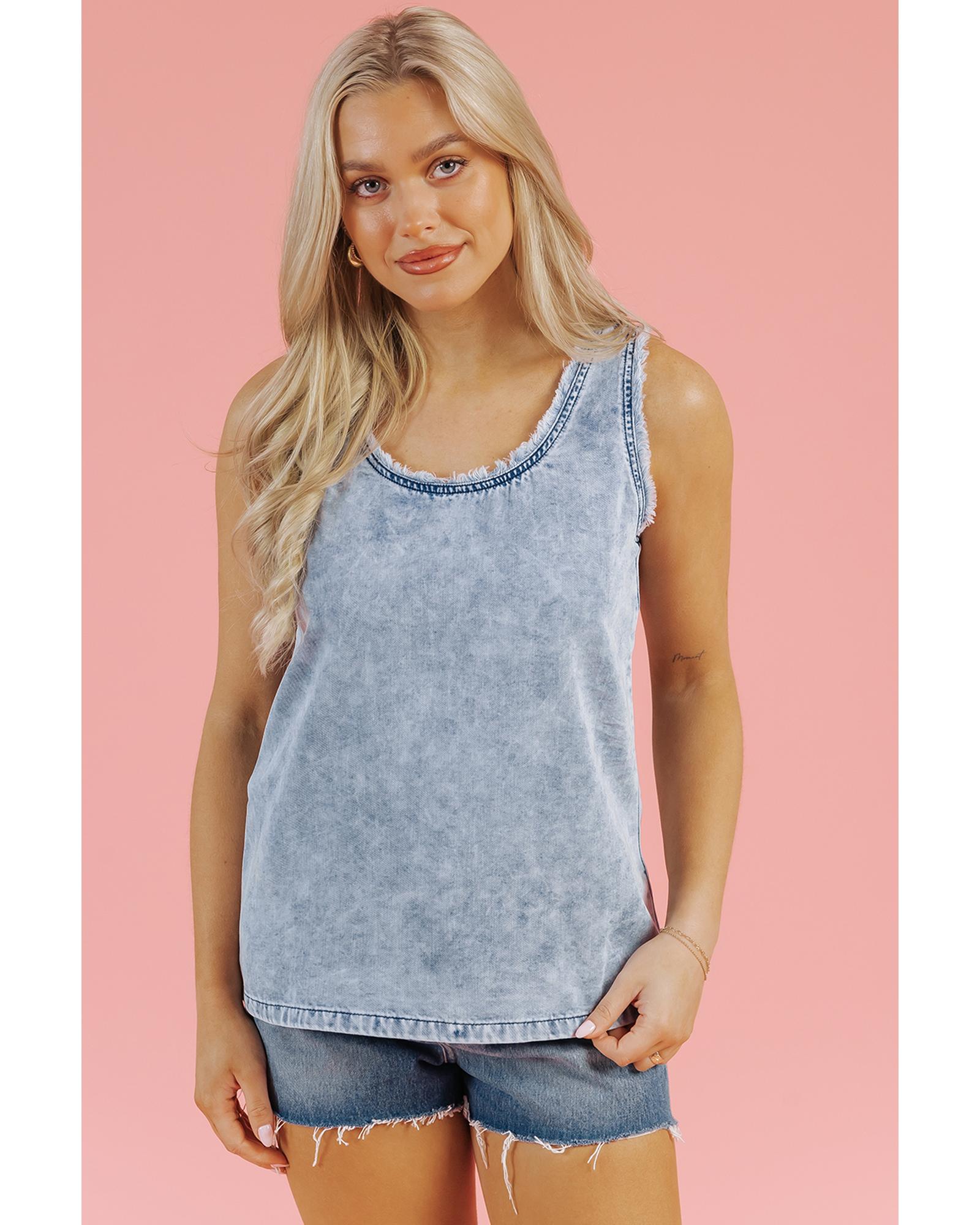 V539-AZEXDC7821172-P804-L-202508301710-00 Beau Blue Mineral Wash Denim Frayed U Neck Sleeveless Top - L - Image 1