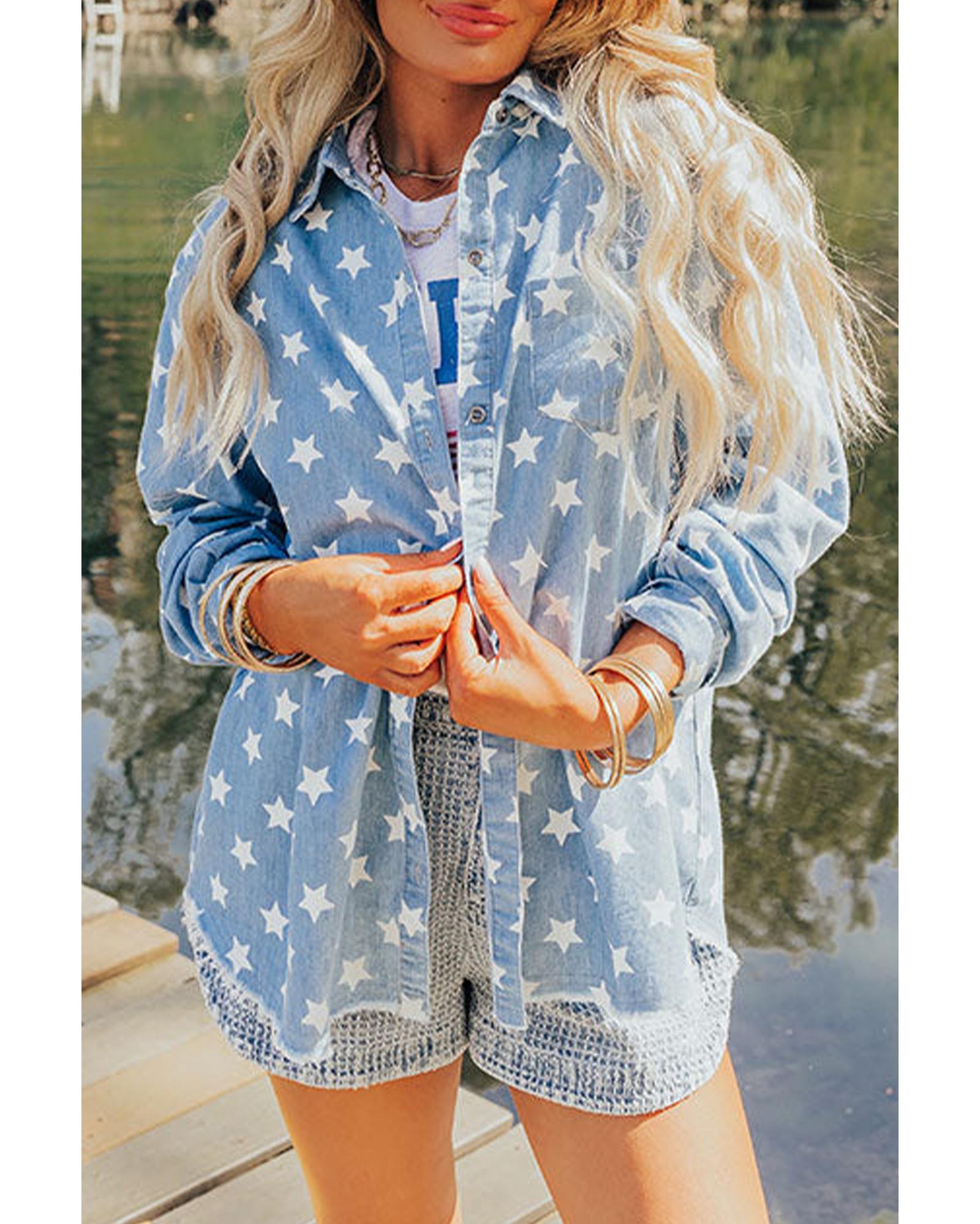 V539-AZEXDC7821216-P420-M-202508301005-00 Sky Blue Star Print Light Wash Raw Hem Denim Jacket - M - Image 1