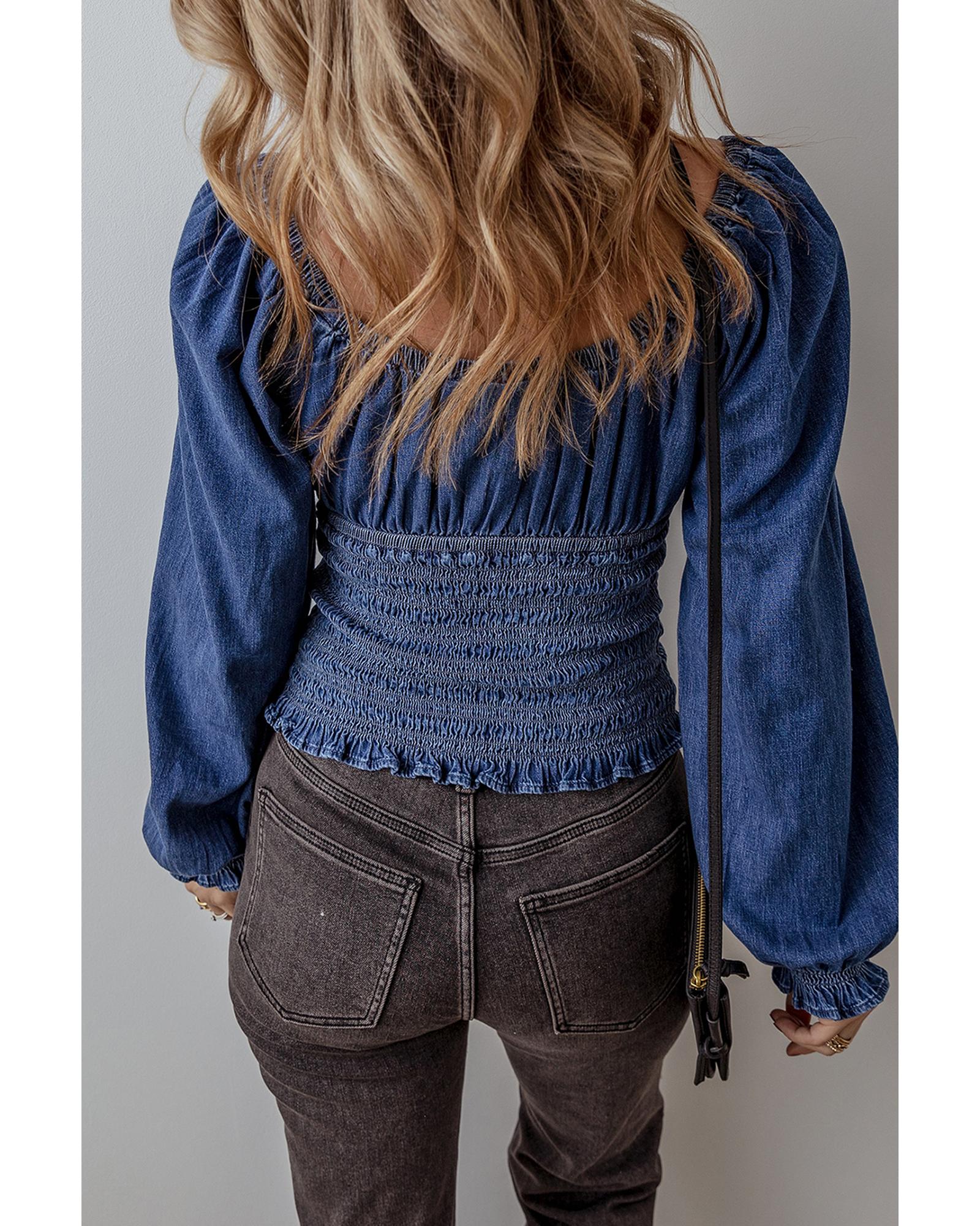 V539-AZEXDC7821251-P5-M-202508310150-00 Dark Blue Smocked Ruffled Puff Sleeve V Neck Denim Blouse - M - Image 1