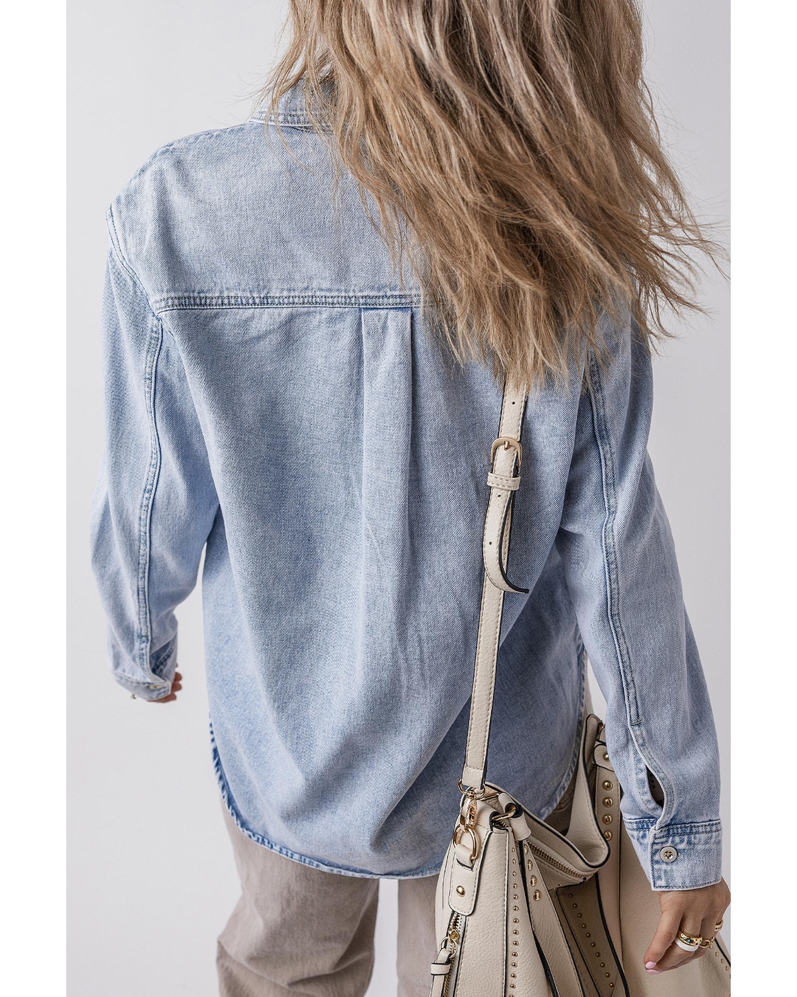 V539-AZEXDC7821269-P804-L-202506151015-00 Beau Blue Long Sleeve Buttoned Chest Pocket Denim Shacket - L - Image 1