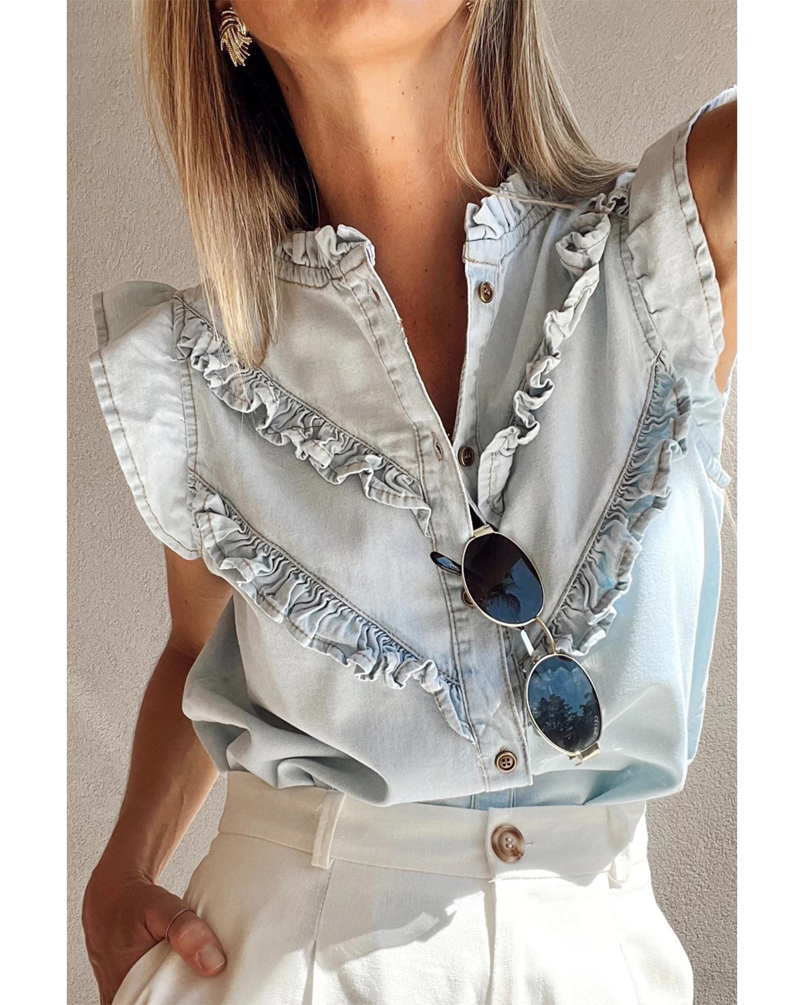 V539-AZEXDC7821357-P804-L-202508300920-00 Beau Blue Mineral Wash Cap Sleeve Frilled Button Up Denim Shirt - L - Image 1
