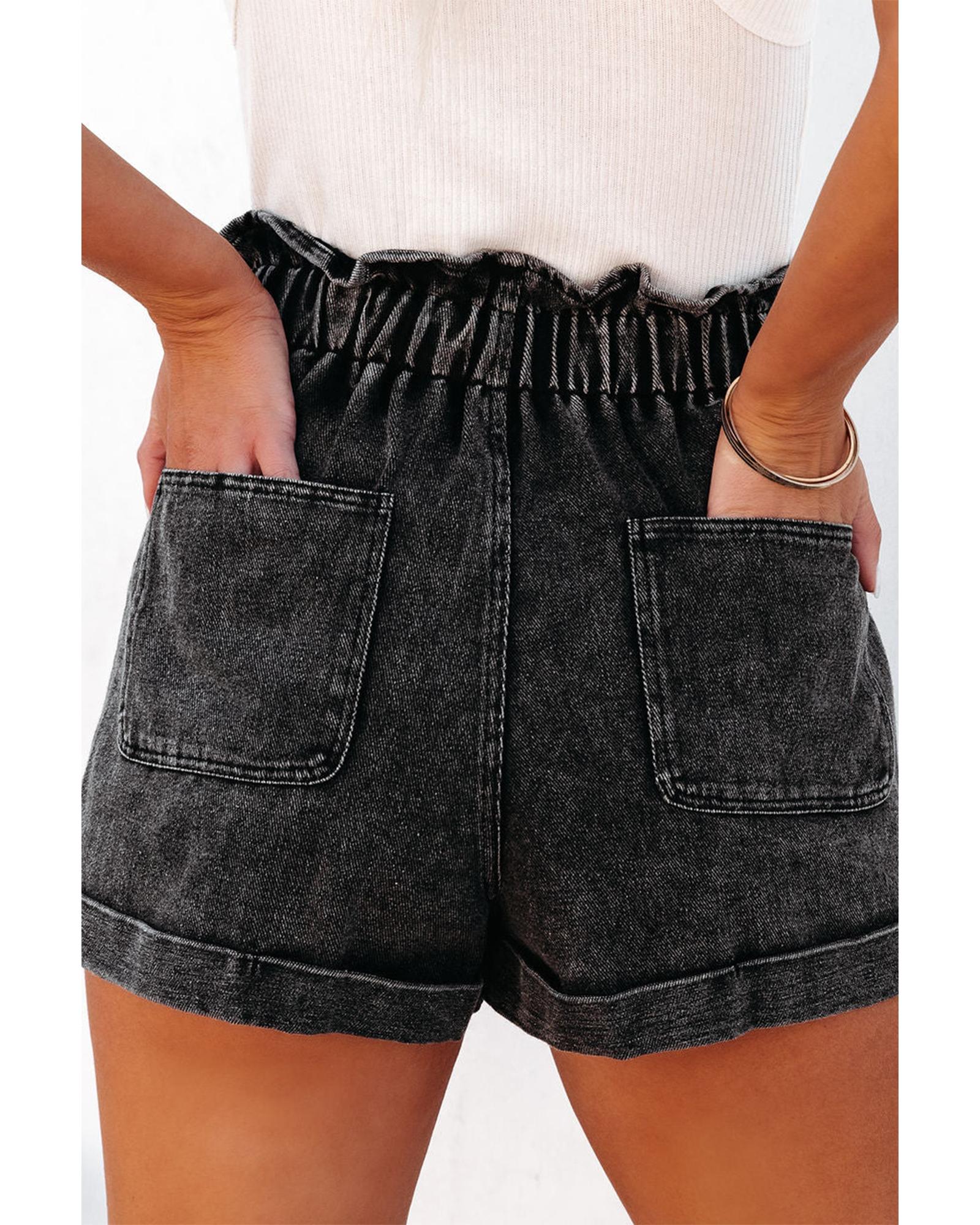 V539-AZEXDC7831584-P2-14-202508301410-00 Black Vintage Washed Frilled High Waist Denim Shorts - 14 US - Image 1