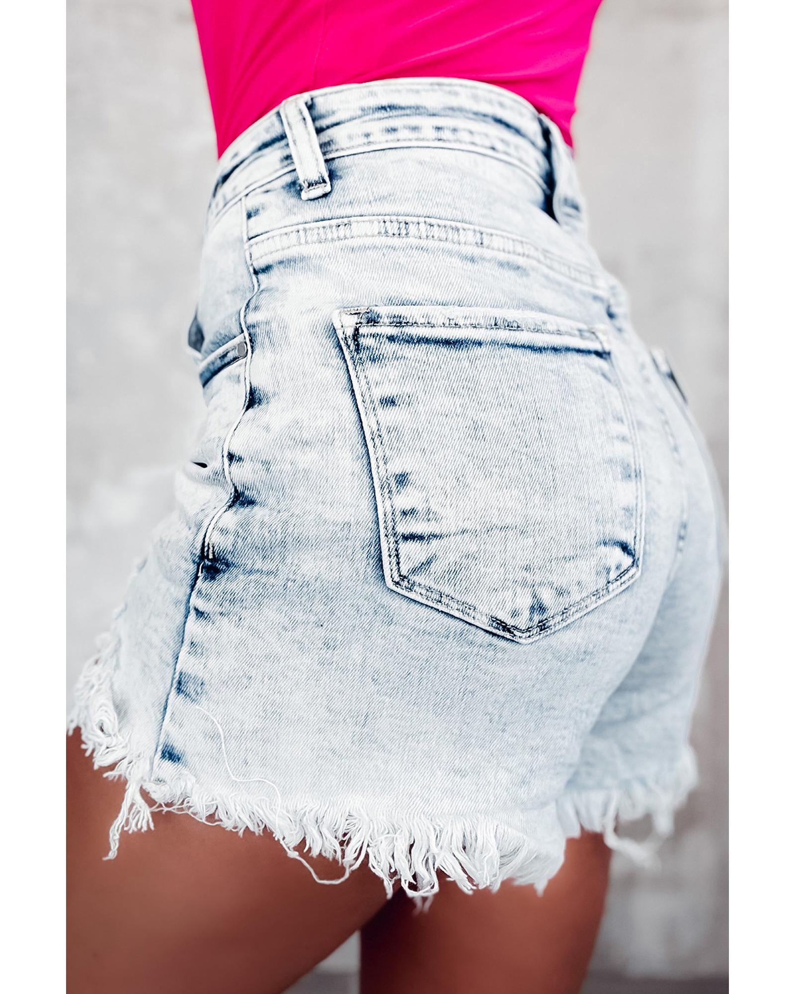V539-AZEXDC7831595-P4-16-202508301635-00 Light Blue Acid Wash Crossed Raw Edge Denim Shorts - 16 US - Image 1