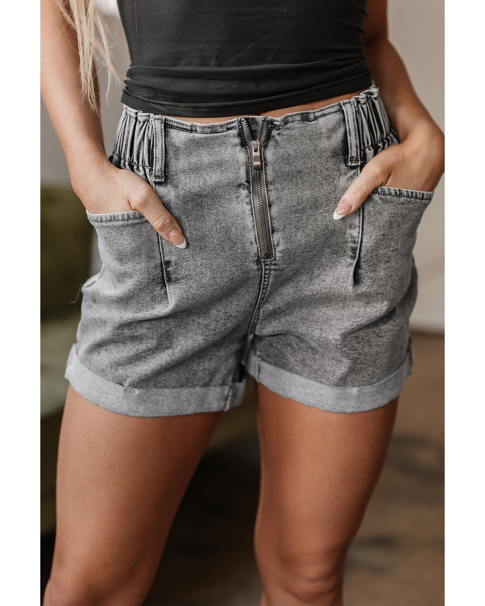 V539-AZEXDC7831616-P11-8-202508301220-00 Gray Zipped Light Wash Cuffed Edge Denim Shorts - 8 US - Image 1