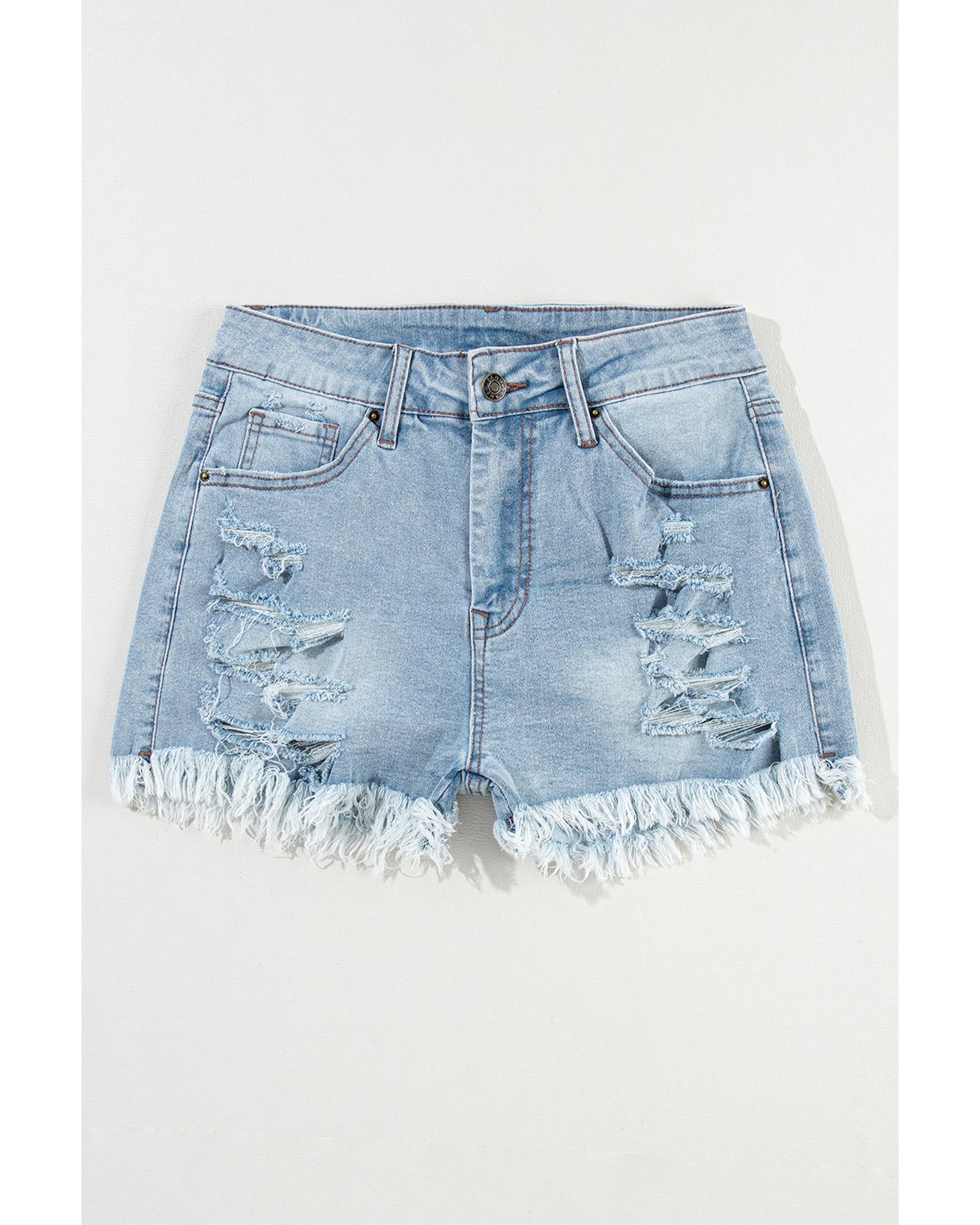 V539-AZEXDC7831636-P4-14-202508302010-00 Light Blue Distressed Ripped Raw Hem High Waist Denim Shorts - 14 US - Image 1