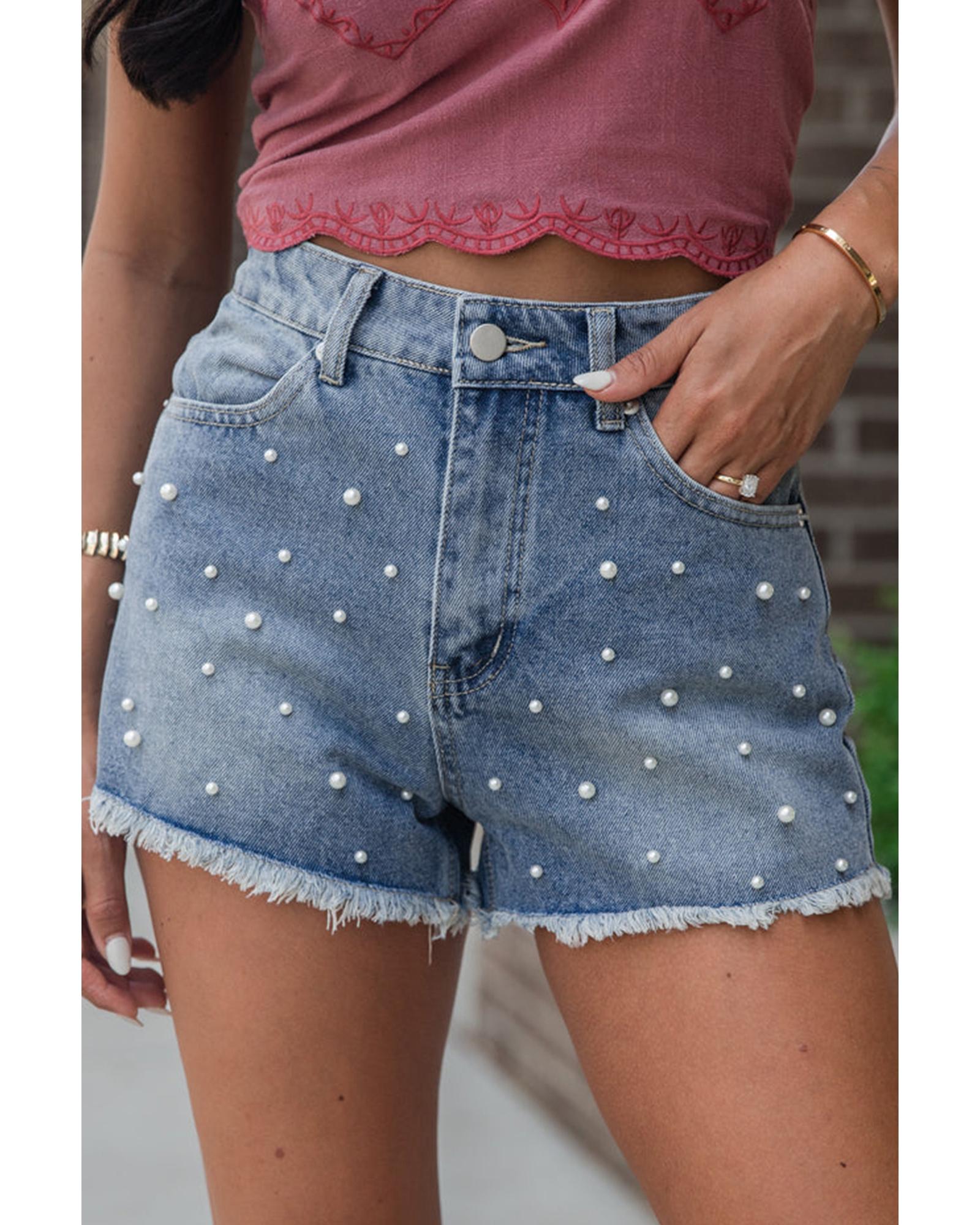 V539-AZEXDC7831781-P704-12-202508282355-00 Dusk Blue Pearl Beaded Raw Hem Medium Wash Denim Shorts - 12 US - Image 1