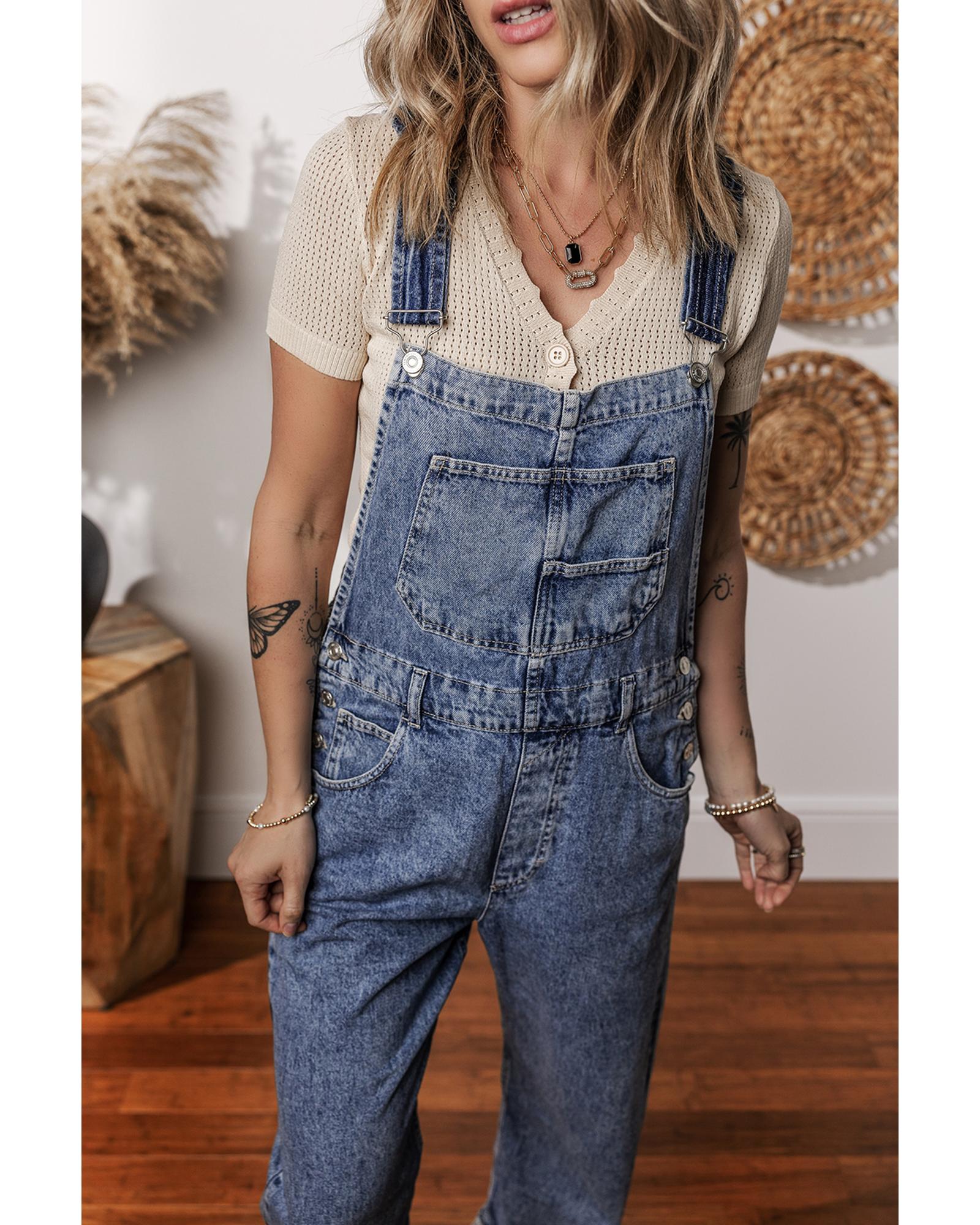 Sail Blue Denim Bib Straight Leg Jumpsuit with Pockets - M