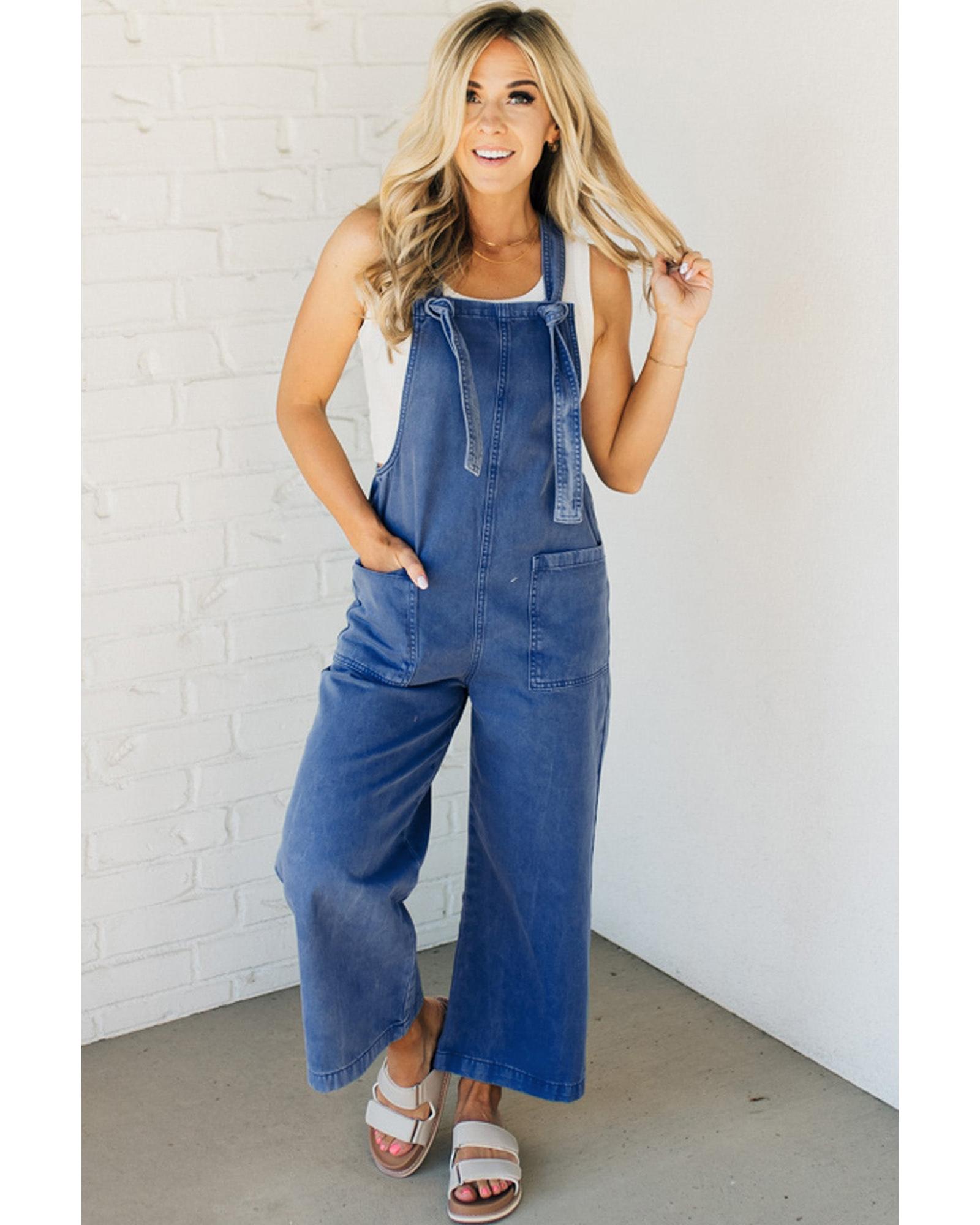 V539-AZEXDC784809-P505-M-202508301250-00 Prussian Blue Mineral Wash Knotted Strap Patched Pocket Wide Leg Denim Overalls - M - Image 1