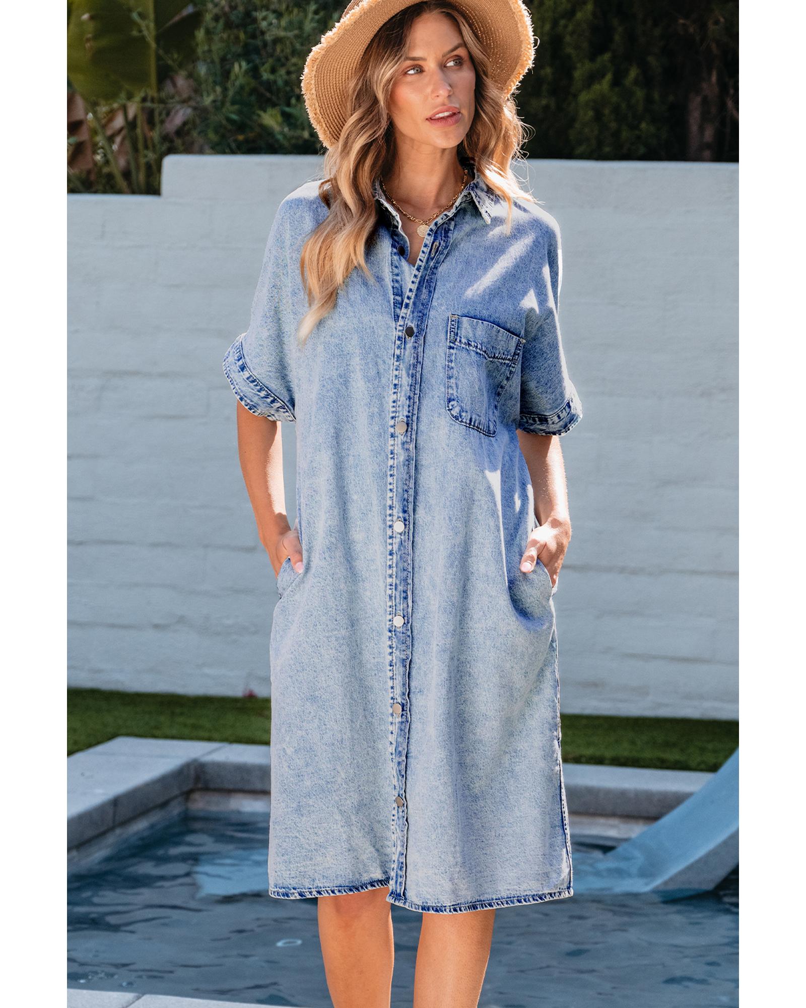 V539-AZEXDC786562-P4-L-202508302035-00 Light Blue Loose Medium Wash Short Sleeve Shirt Chambray Dress - L - Image 1