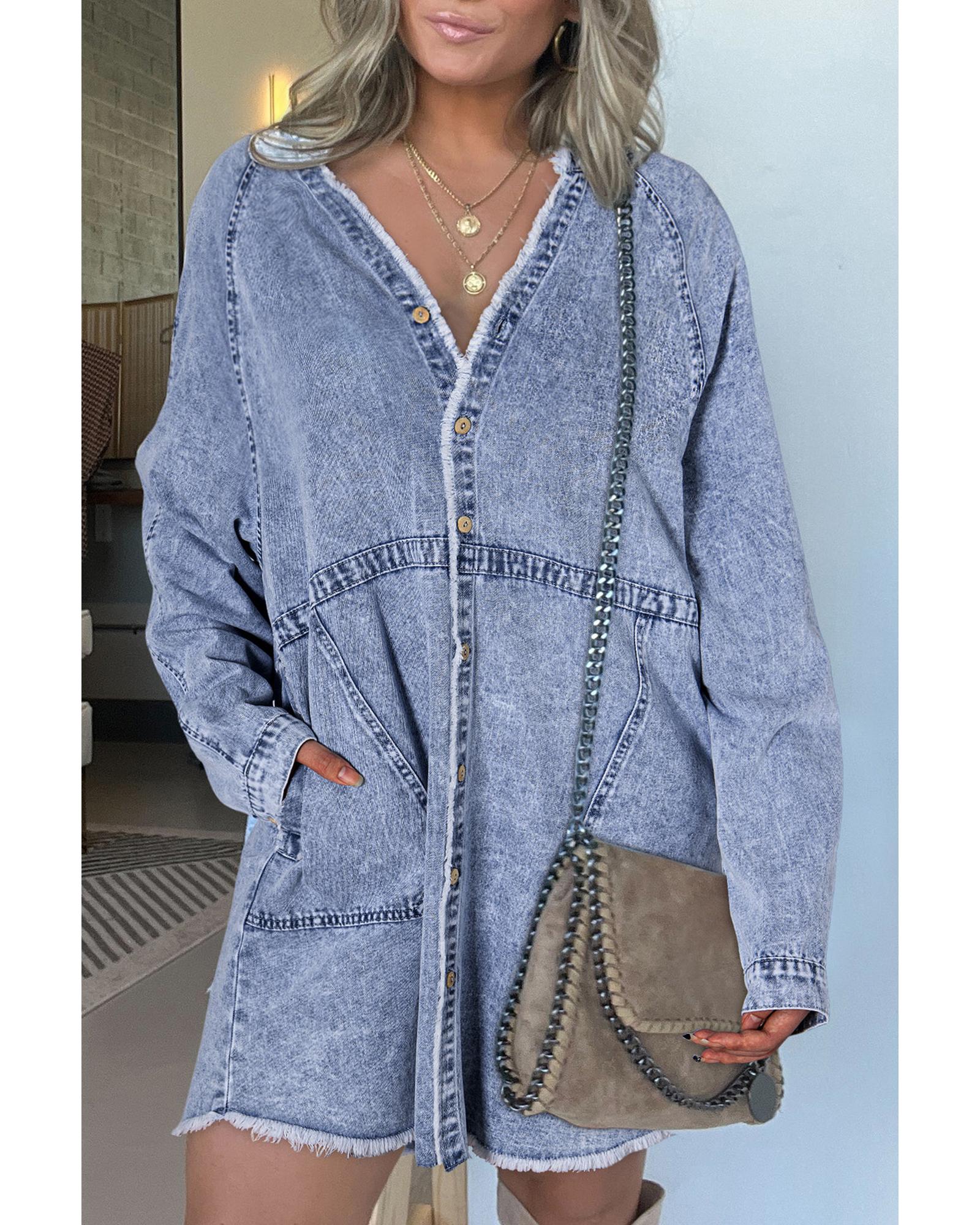 V539-AZEXDC786695-P804-L-202508310205-00 Beau Blue Mineral Wash Long Sleeve Button Up Raw Hem Pocketed Denim Dress - L - Image 1