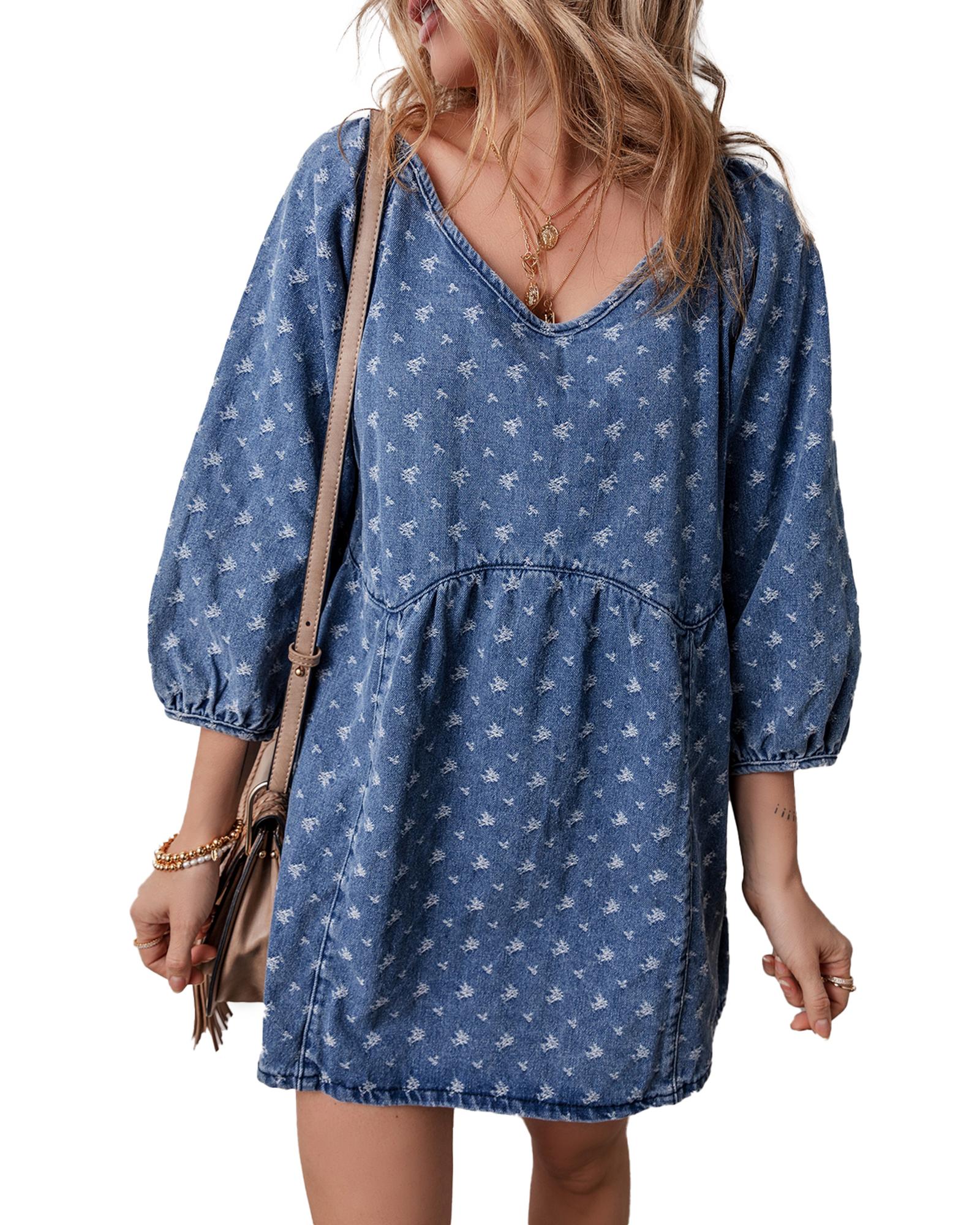 V539-AZEXDC786714-P604-XL-202508310040-00 Ashleigh Blue Textured Open Back Loose Fit Denim Dress - XL - Image 1