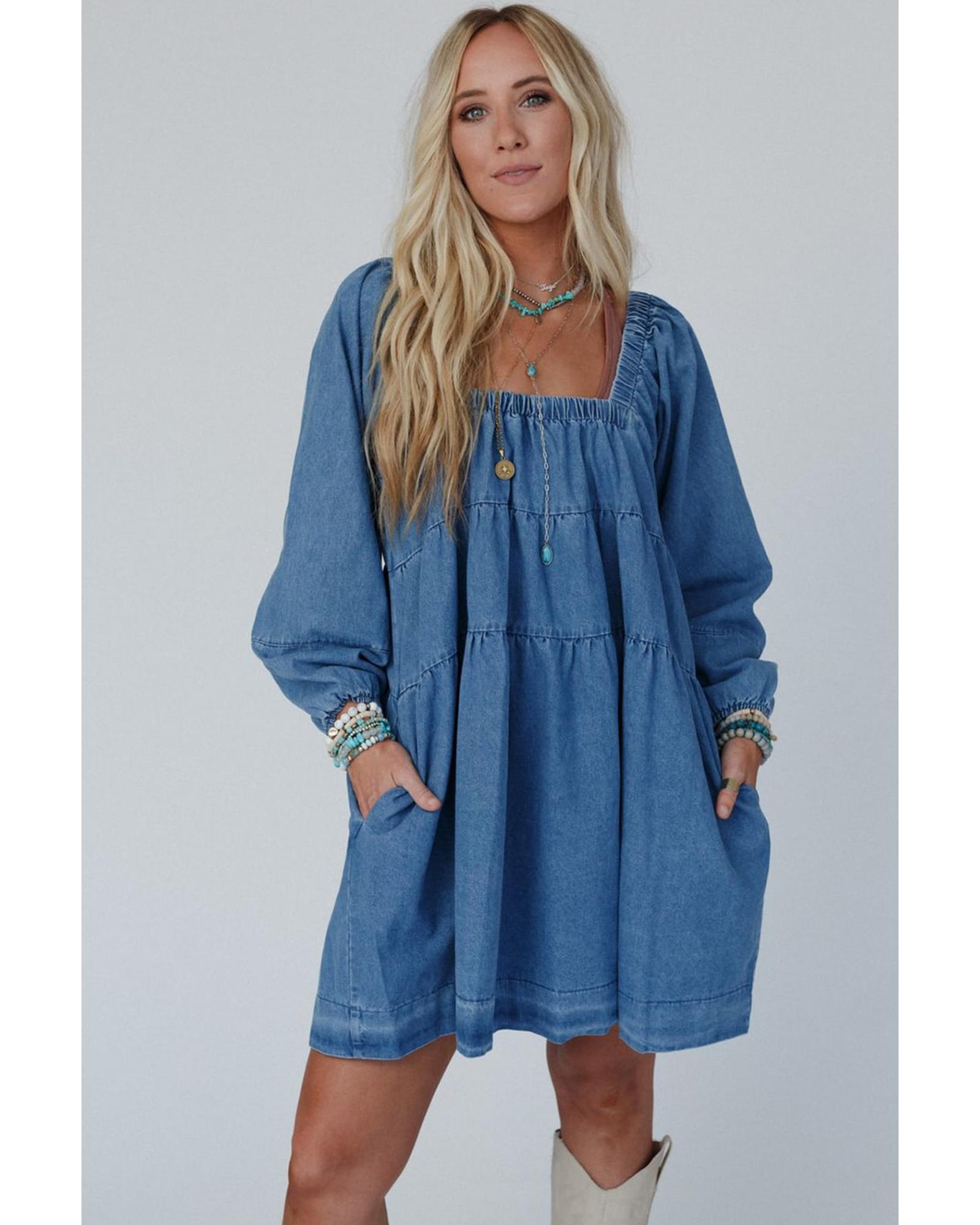 V539-AZEXDC786716-P704-L-202508310145-00 Dusk Blue Square Neck Side Pockets Loose Fit Denim Mini Dress - L - Image 1
