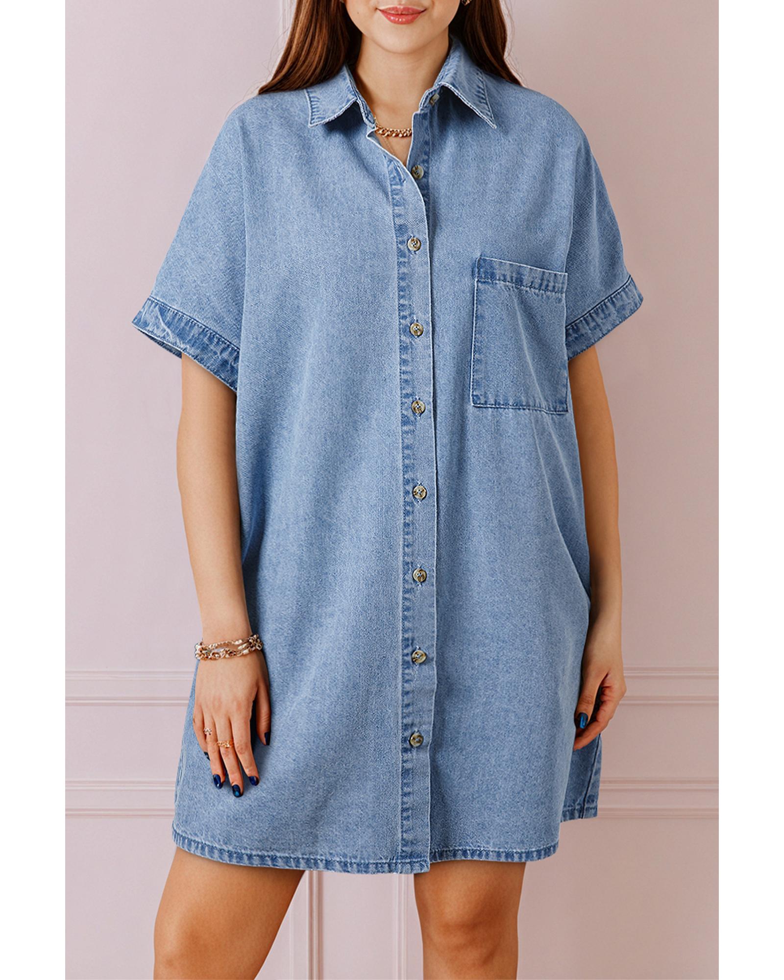 V539-AZEXDC786862-P704-XL-202508301235-00 Dusk Blue Short Sleeve Pocketed Button up Denim Tunic Dress - XL - Image 1