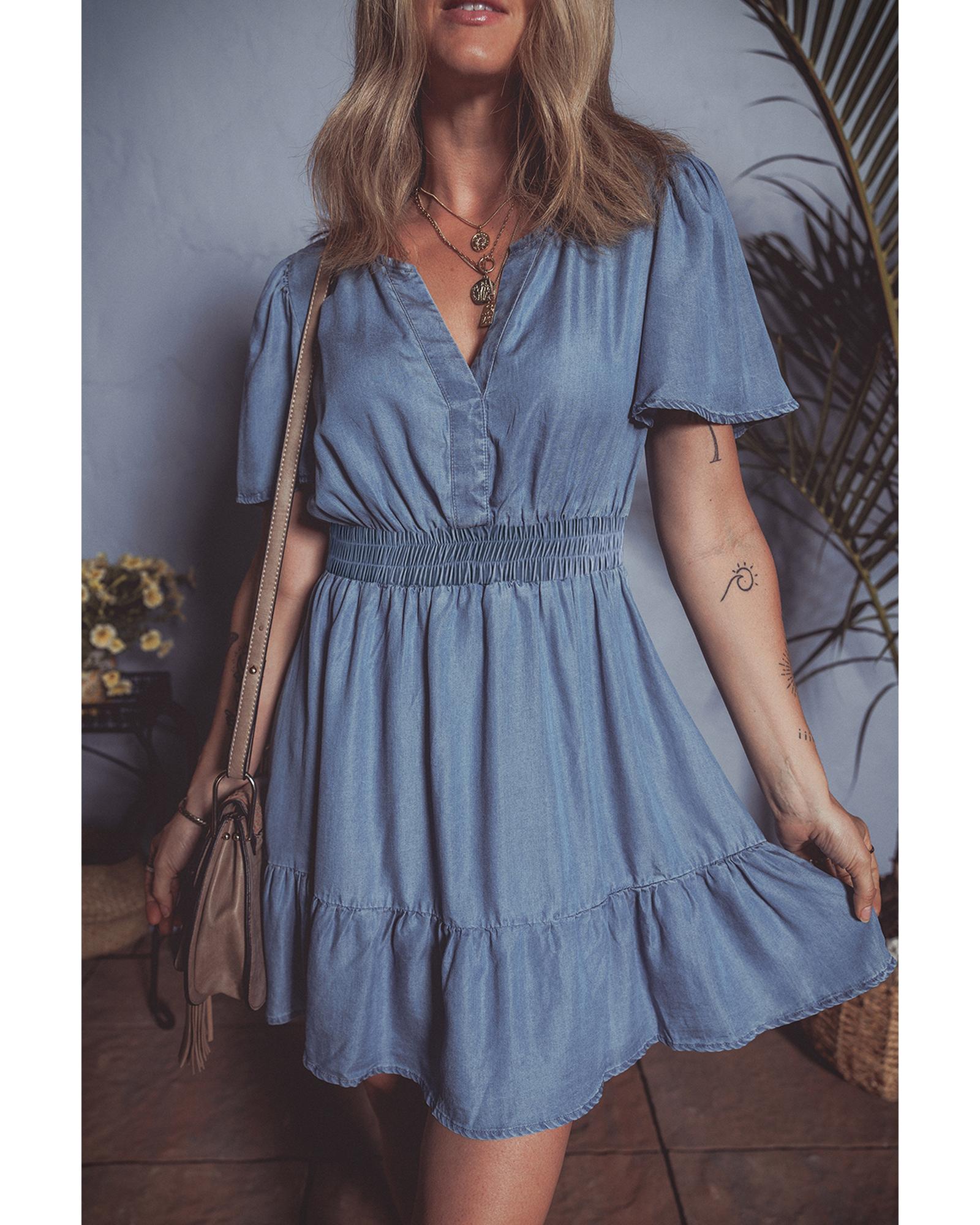 V539-AZEXDC786865-P604-M-202508301530-00 Ashleigh Blue Ruffled V Neck Smocked High Waist Denim Mini Dress - M - Image 1