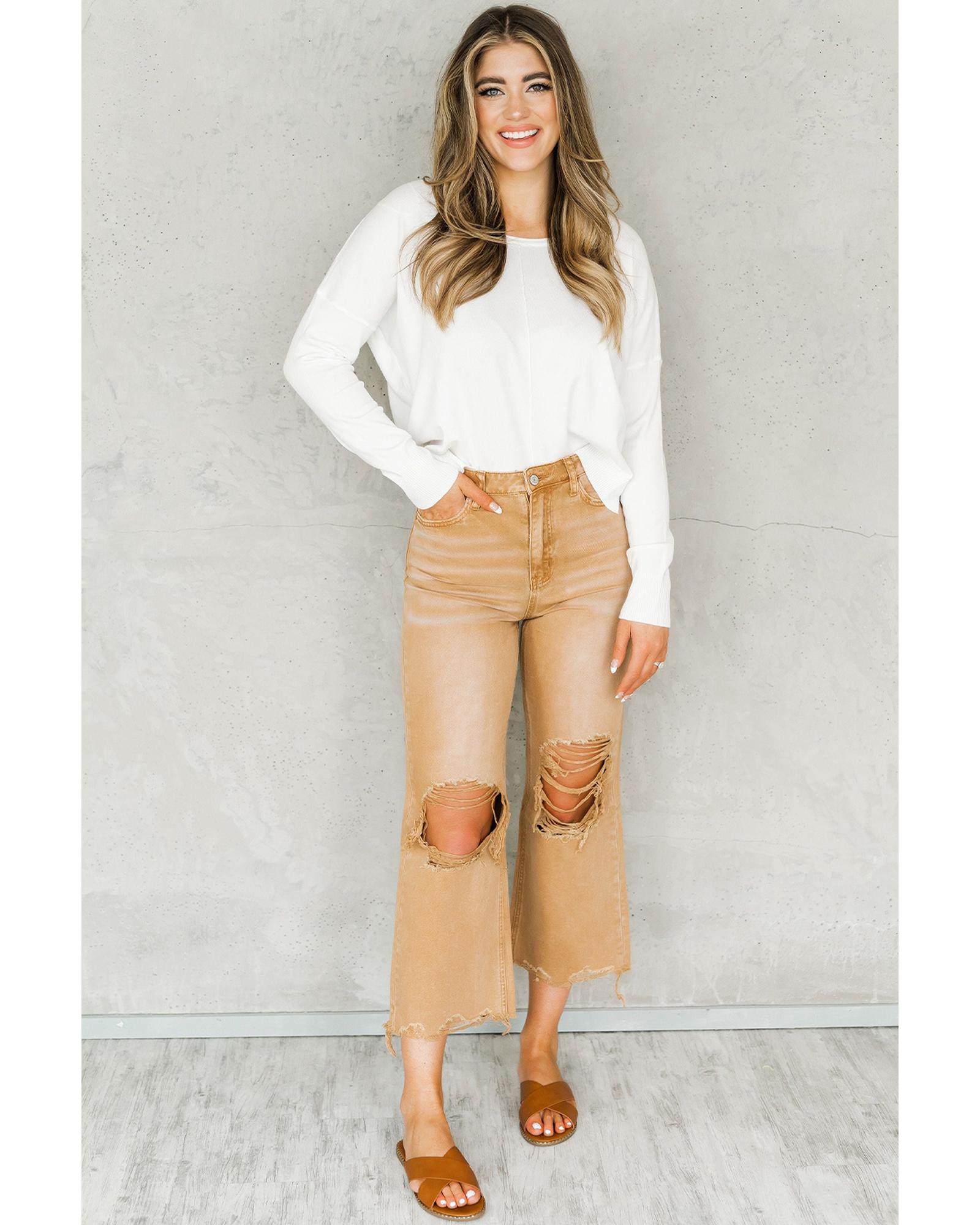 V539-AZEXDC787229-17-12-202508300840-00 Brown Distressed Hollow-out High Waist Cropped Flare Jeans - 12 US - Image 1