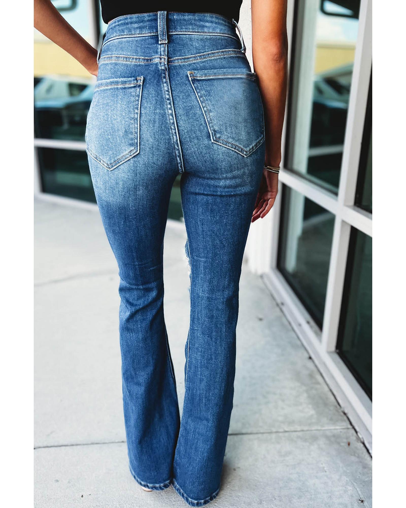 V539-AZEXDC7874145-5-6-202508291155-00 Azura Exchange Distressed Cutout Flare Leg Jeans - 6 US - Image 1