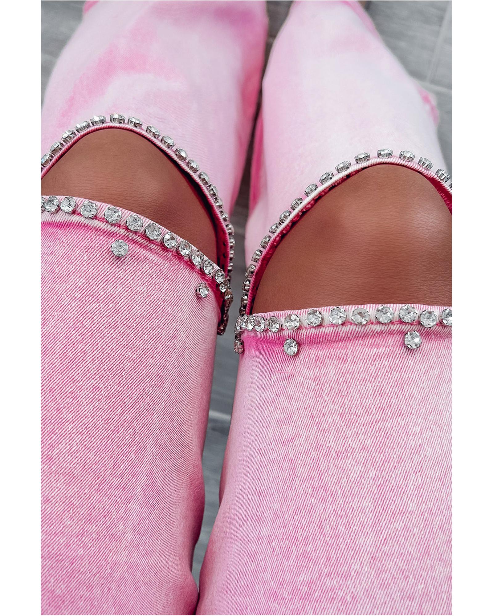 Pink High Waist Rhinestone Cutout Wide Leg Jeans - 12 US