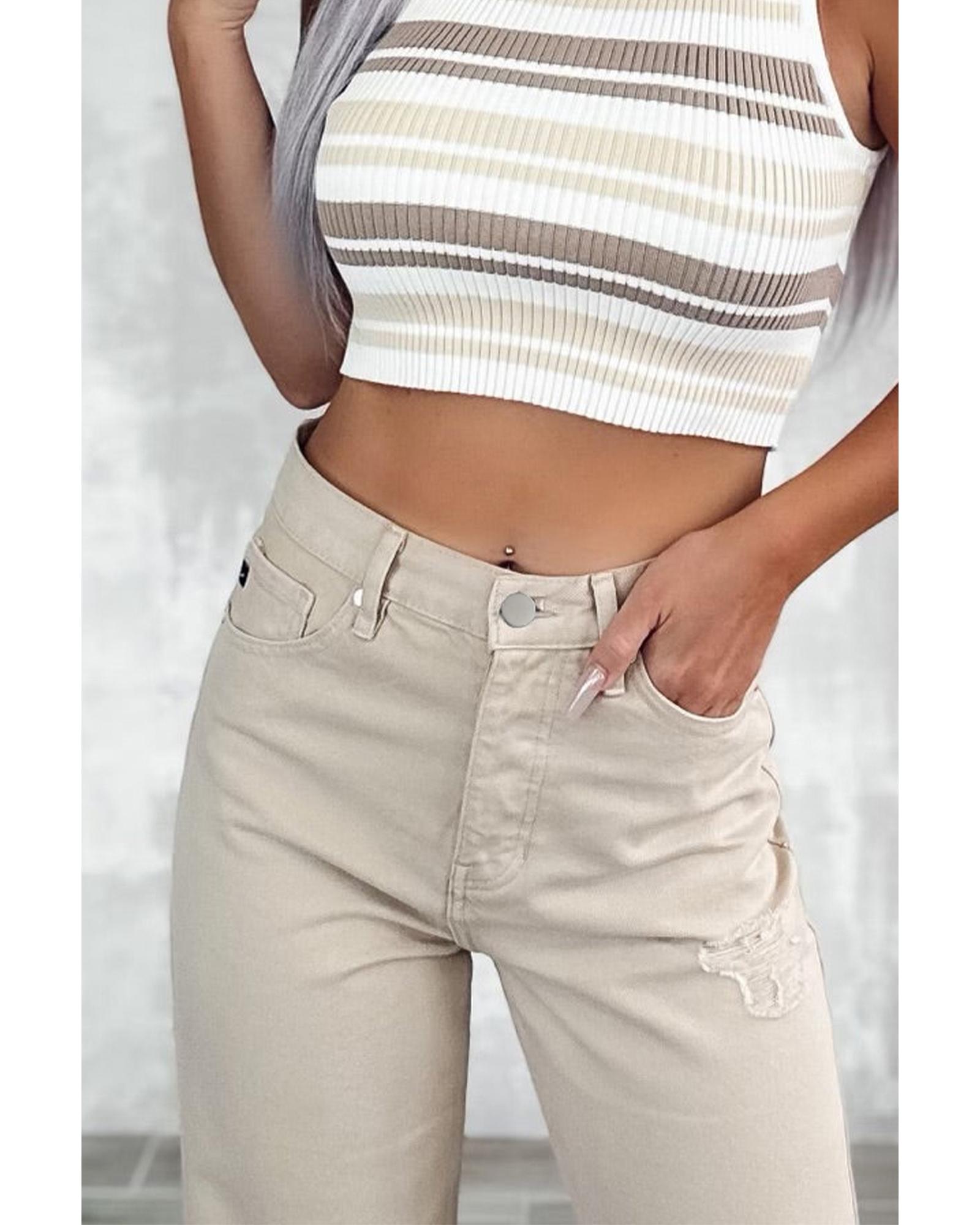 Khaki High Waist Ripped Wide-Leg Jeans - 12 US