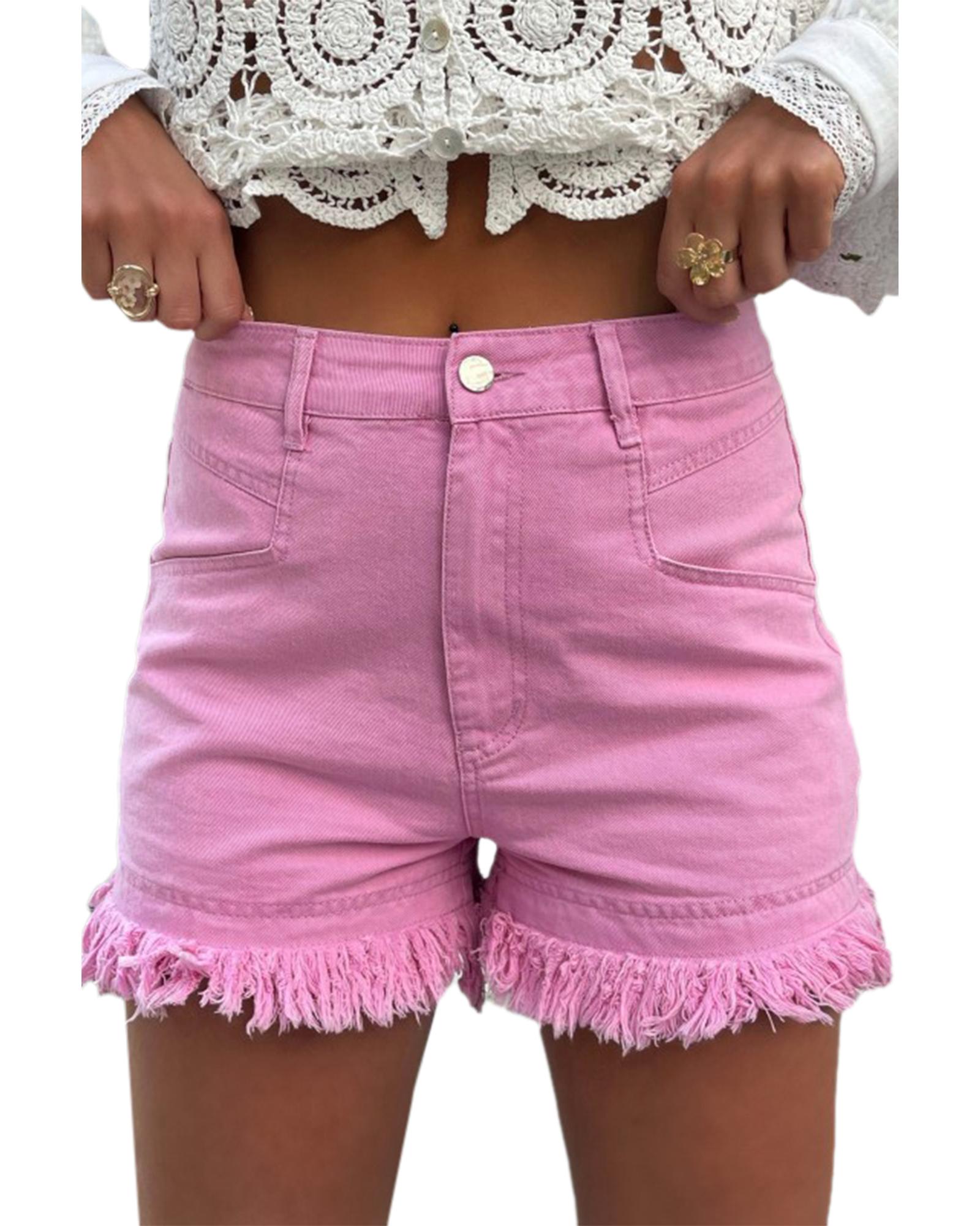 Pink Frayed Edge Mid Rise Denim Shorts - 14 US