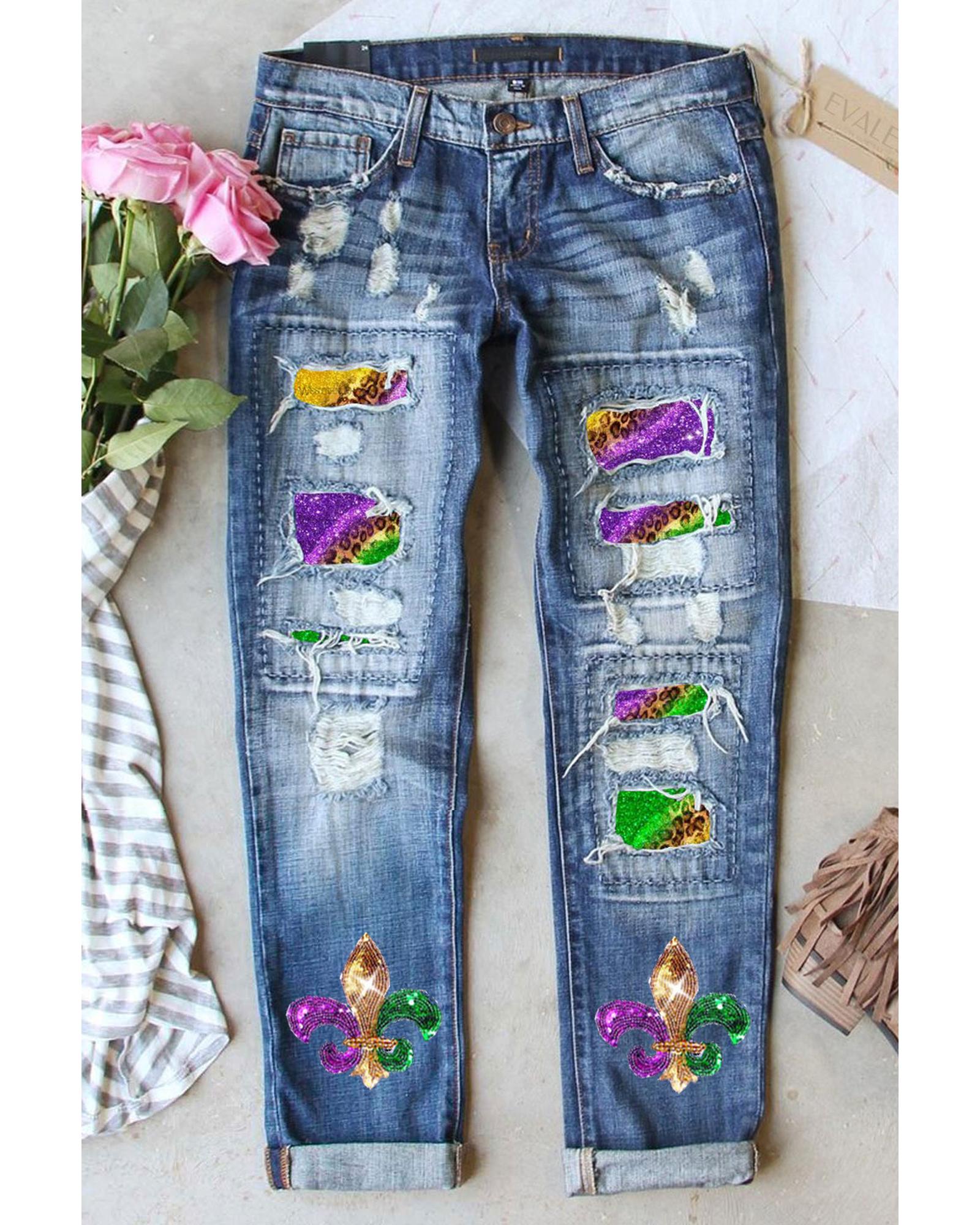 V539-AZEXDC7874866-4-8-202508300010-00 Sky Blue Shiny Mardi Gras Fleur-de-lis Patch Distressed Jeans - 8 US - Image 1