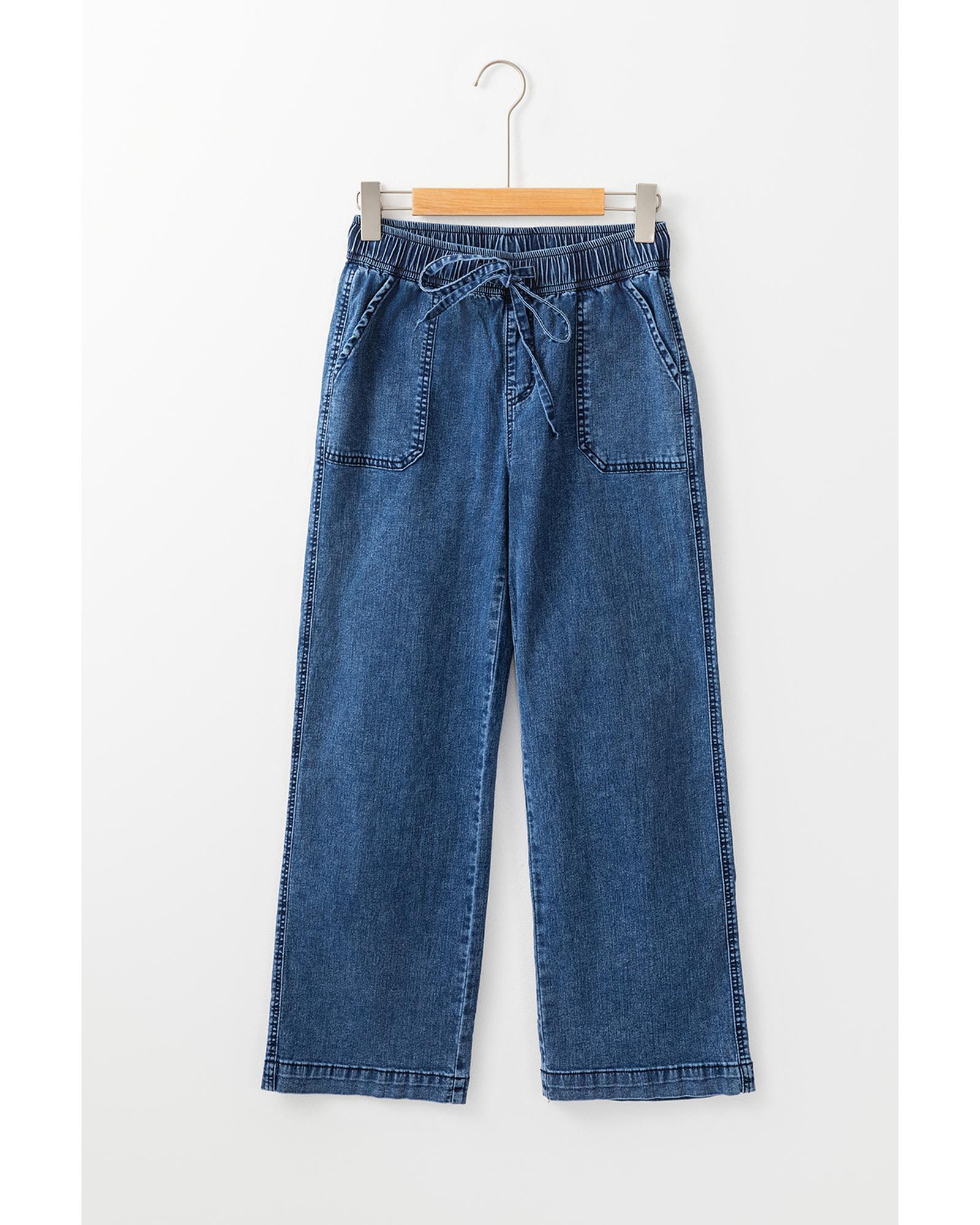 Sail Blue Mineral Wash Drawstring Waist Loose Straight Denim Pants - 10 US