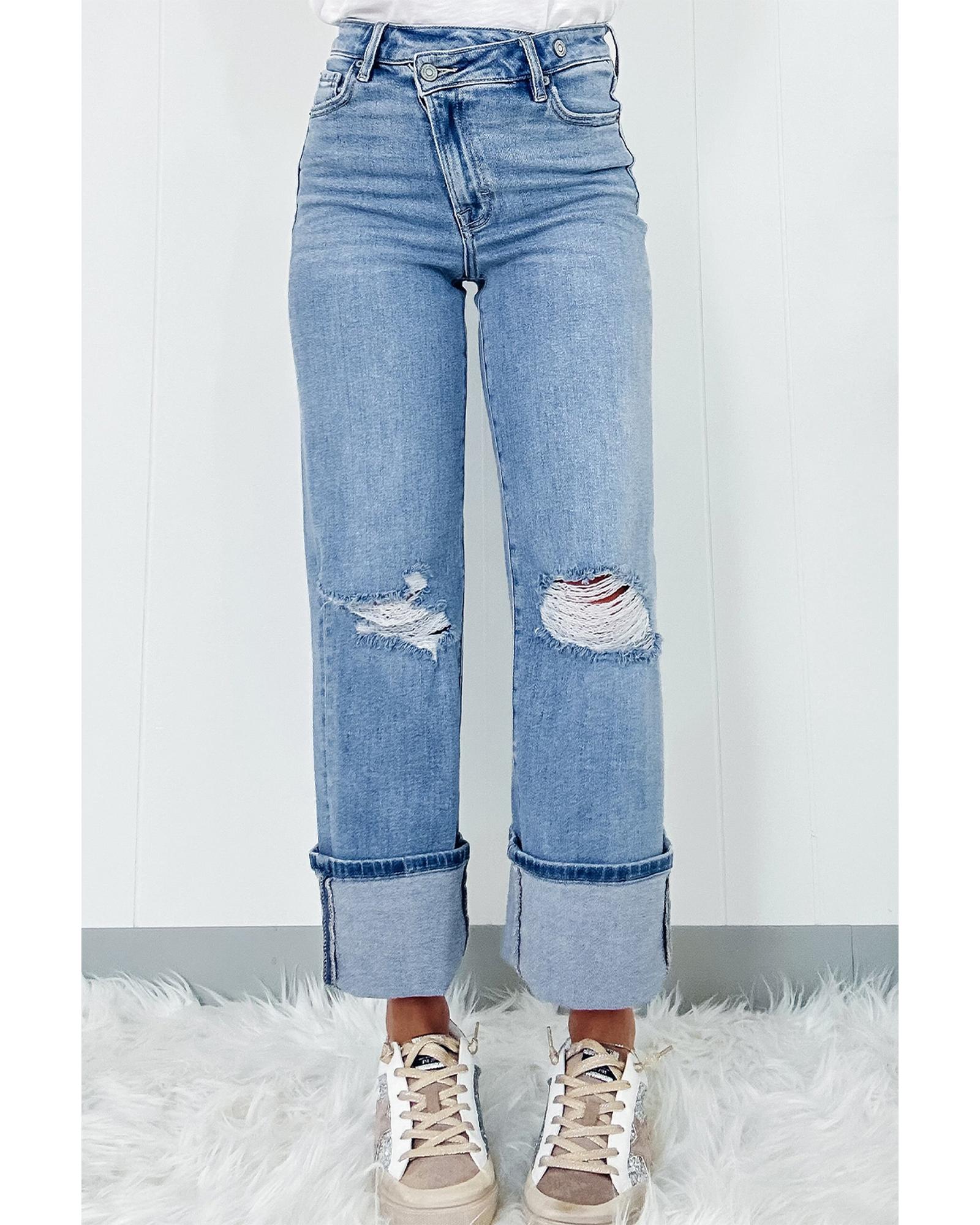 Dusk Blue High Rise Asymmetric Button Zip Fly Ripped Jeans - 16 US