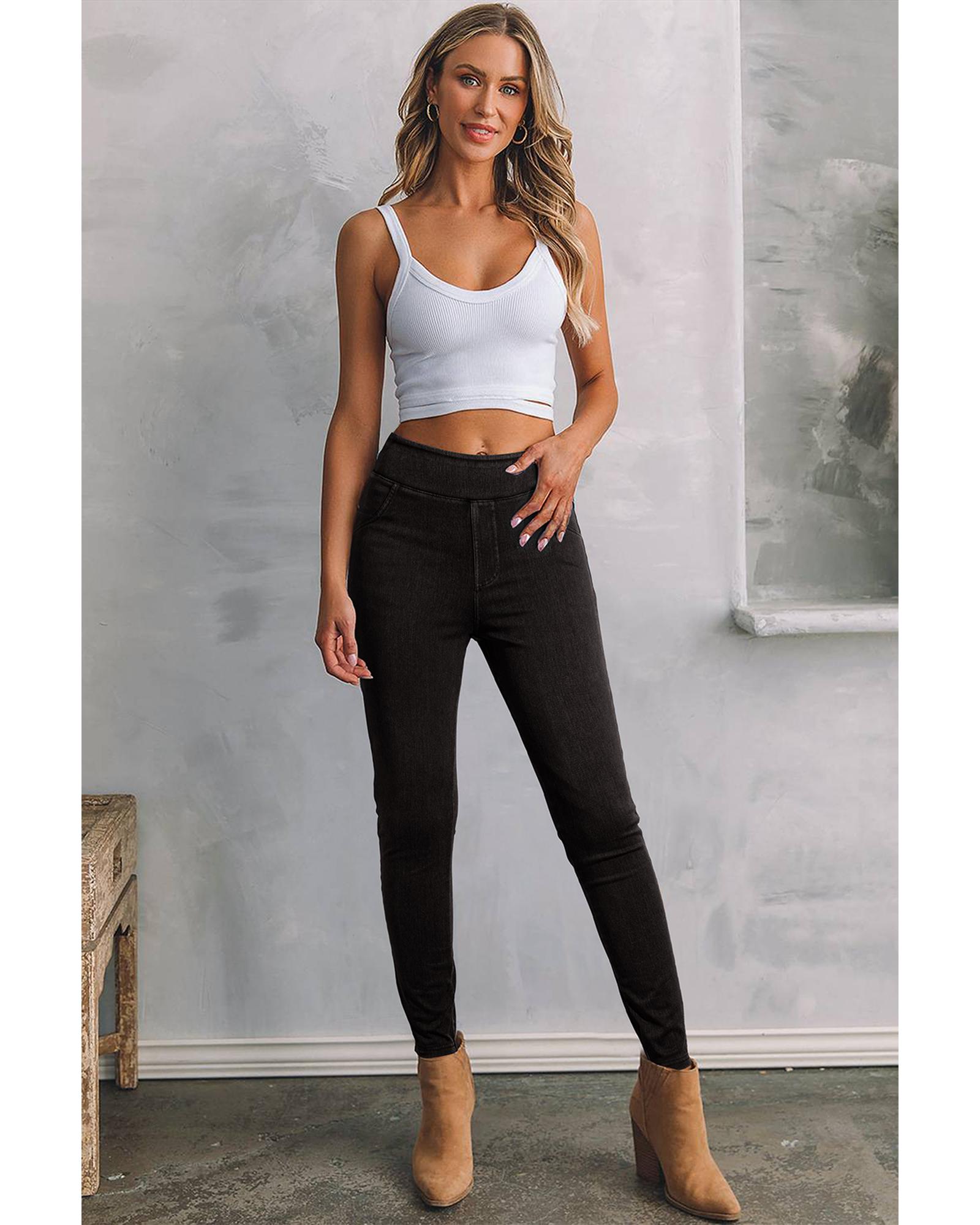 V539-AZEXDC7875055-P2-S-202506151230-00 Black Solid Color High Waist Stretchy Slim Fit Jeggings - S - Image 1